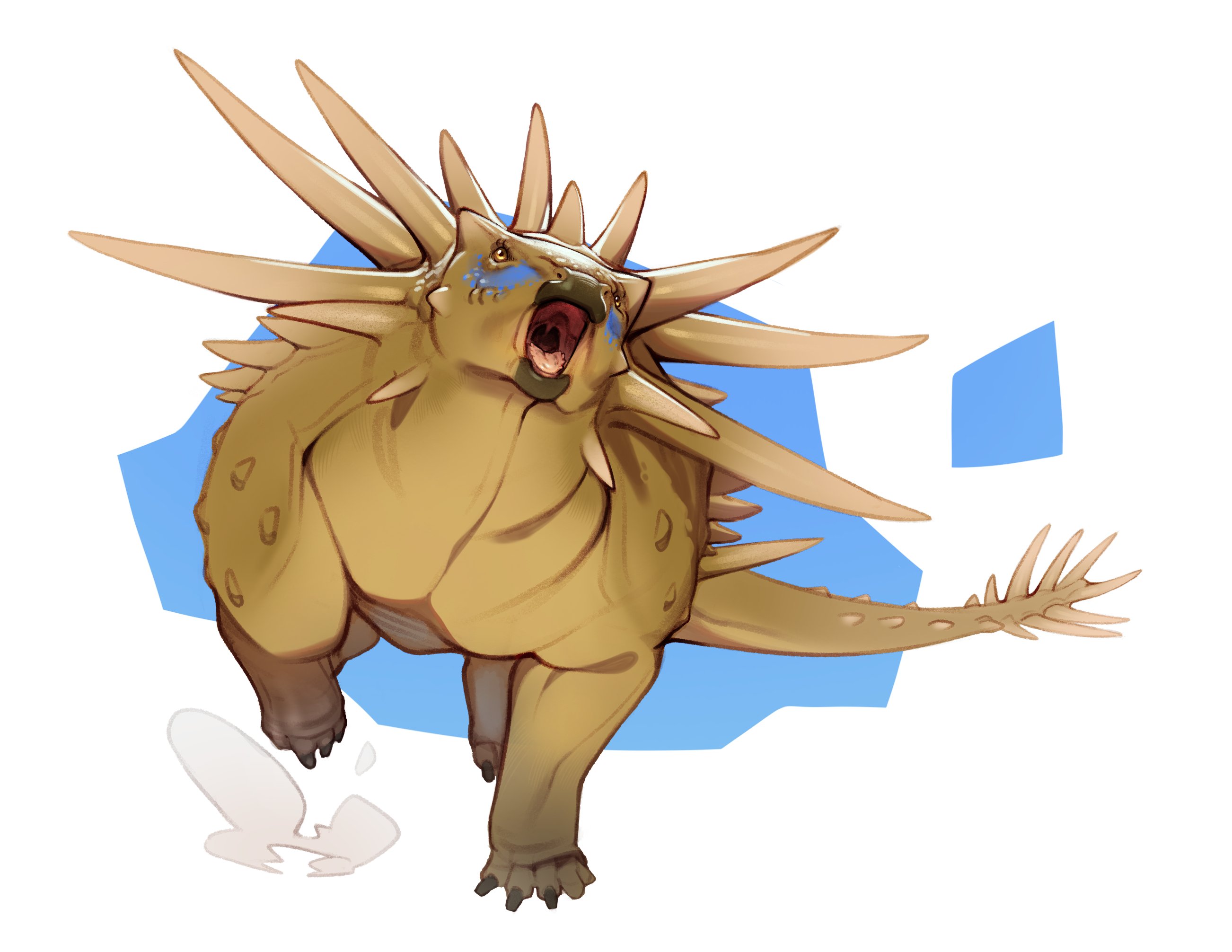 combos & doodles, original, highres, animal focus, dinosaur, looking at viewer, no humans, open mouth, solo, spicomellus, spikes, white background
