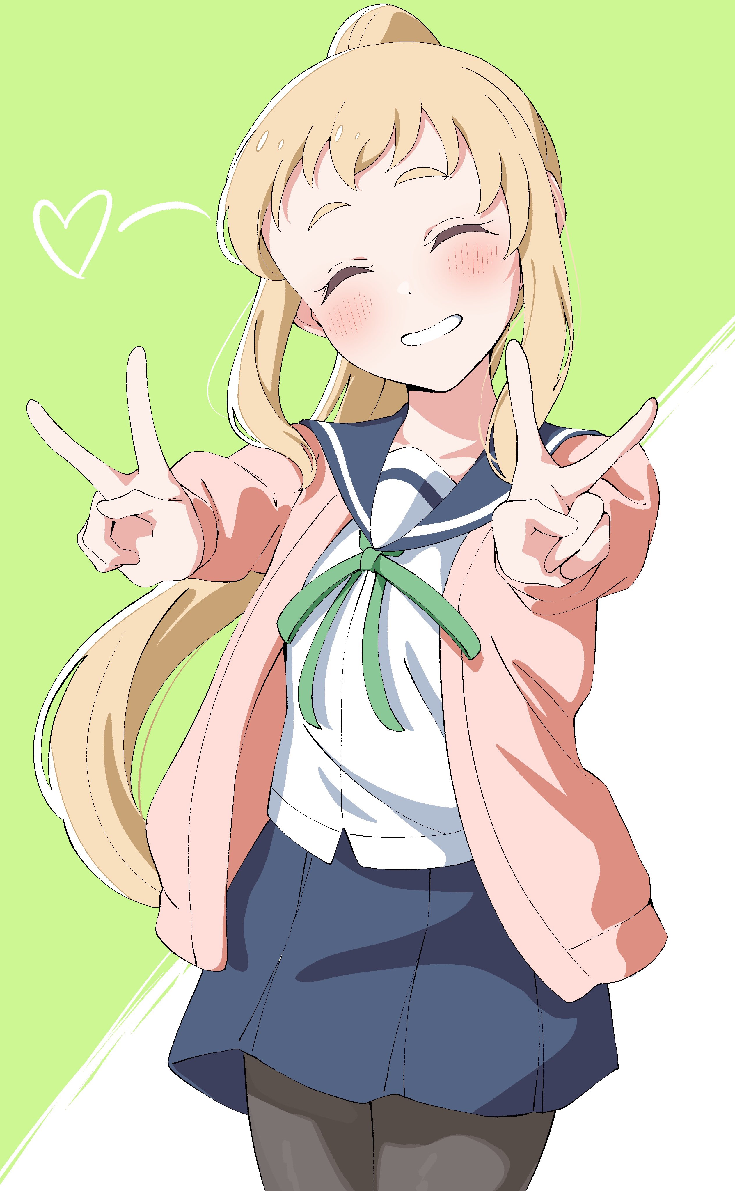 crust gm0, inose mai, koisuru asteroid, 1girl, black pantyhose, blonde hair, blue sailor collar, blue skirt, blush, closed eyes, dot nose, double v, feet out of frame, female focus, heart, long hair, long sleeves, open mouth, open sweater, pantyhose, pink sweater, ponytail, sailor collar, school uniform, serafuku, shirt, skirt, solo, standing, sweater, teeth, v, white shirt