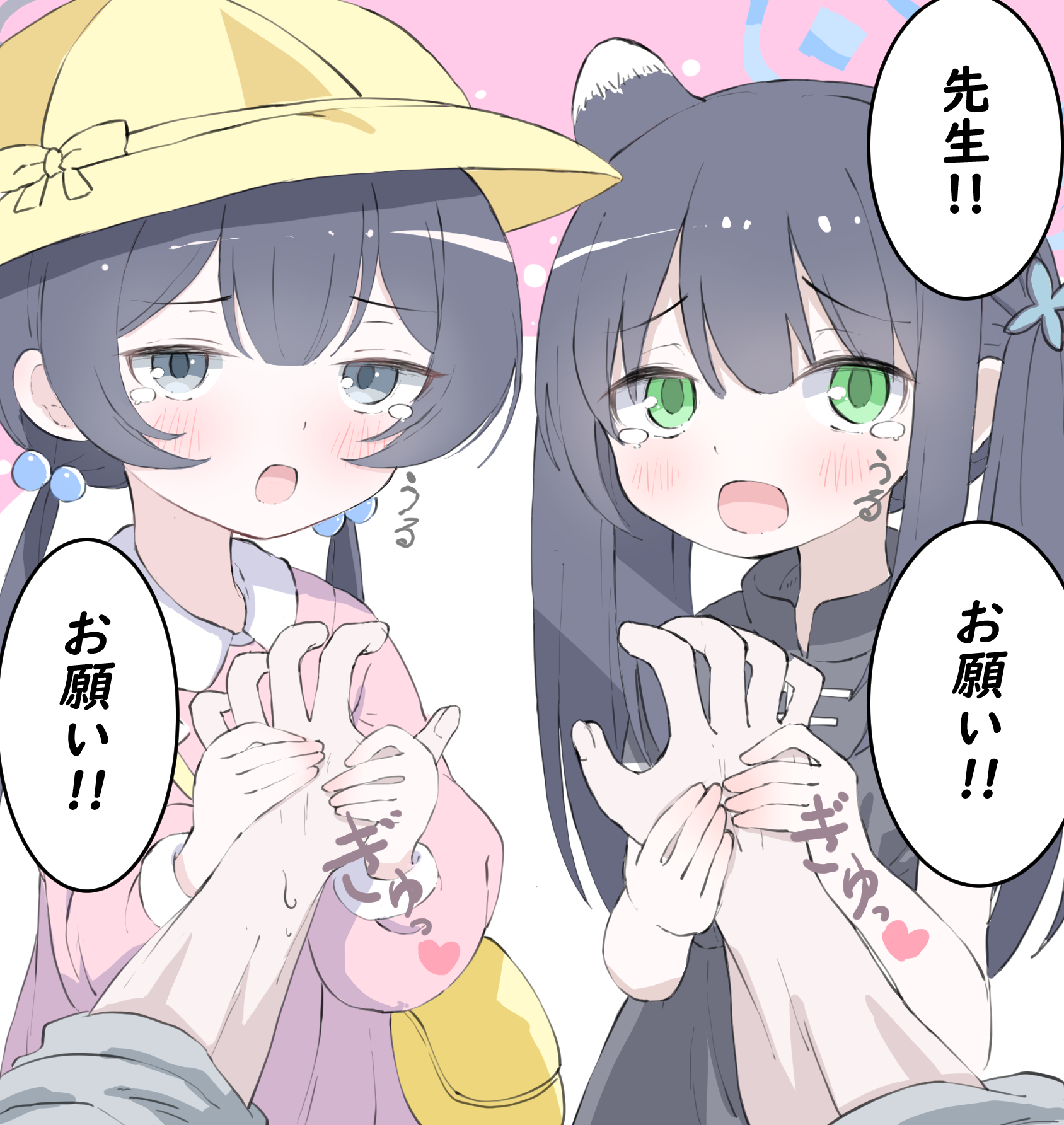 norippe (user zgsf8872), kisaki (blue archive), kisaki (kindergarten uniform) (blue archive), sensei (blue archive), shun (blue archive), shun (small) (blue archive), blue archive, commentary request, highres, translation request, 1boy, 2girls, animal ears, bag, black dress, black hair, blush, collared dress, dress, green eyes, hair bobbles, hair ornament, halo, hand grab, hat, kindergarten bag, kindergarten uniform, long hair, low twintails, multiple girls, out of frame, pink background, pink dress, school hat, shoulder bag, tears, twintails, two-tone background, very long hair, white background, yellow hat