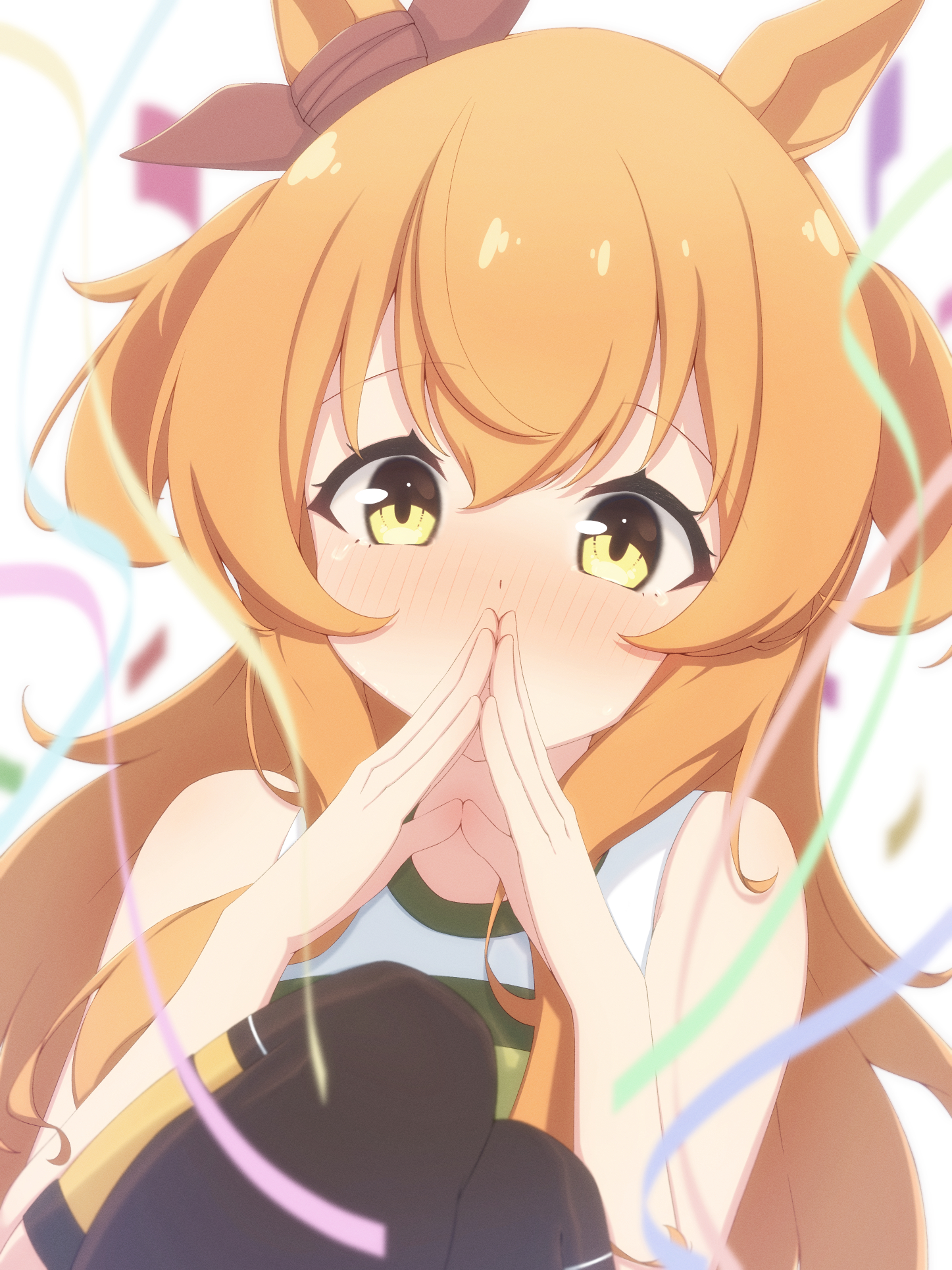 k0me, mayano top gun (scramble zone) (umamusume), mayano top gun (umamusume), umamusume, commentary, highres, 1girl, animal ears, blurry, blush, bow, brown thighhighs, confetti, depth of field, ear bow, ear ribbon, horse ears, horse girl, horse tail, long hair, looking at viewer, orange eyes, orange hair, own hands together, shirt, solo, tail, tank top, tearing up, thighhighs, two side up, upper body, white background