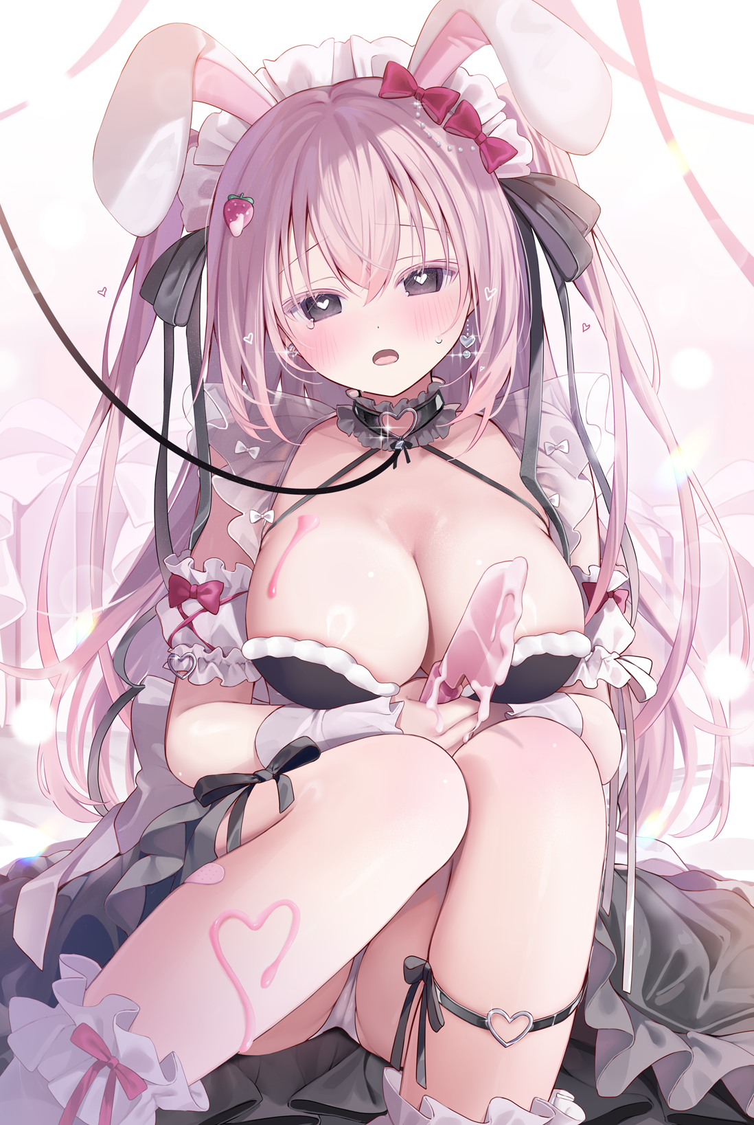 ame usari, original, commentary request, highres, 1girl, animal ears, black dress, blush, bow, breasts, dress, food-themed hair ornament, gradient background, grey eyes, hair between eyes, hair ornament, hair ribbon, heart, heart-shaped pupils, long hair, looking at viewer, maid, maid headdress, open mouth, panties, pink background, pink hair, rabbit ears, red bow, ribbon, sitting, strawberry hair ornament, symbol-shaped pupils, thighs, underwear, white background, white panties