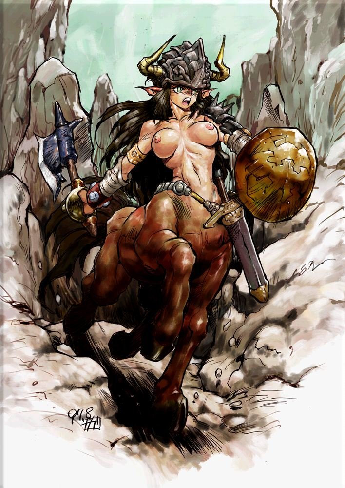 kajiyama hiroshi, ringerbell half quarter, non-web source, 1girl, armor, axe, black hair, breasts, breasts apart, centaur, female focus, green eyes, helmet, hooves, horns, large breasts, long hair, monster girl, nipples, nude, open mouth, pointy ears, shield, solo, sword, taur, warrior, weapon, yellow eyes