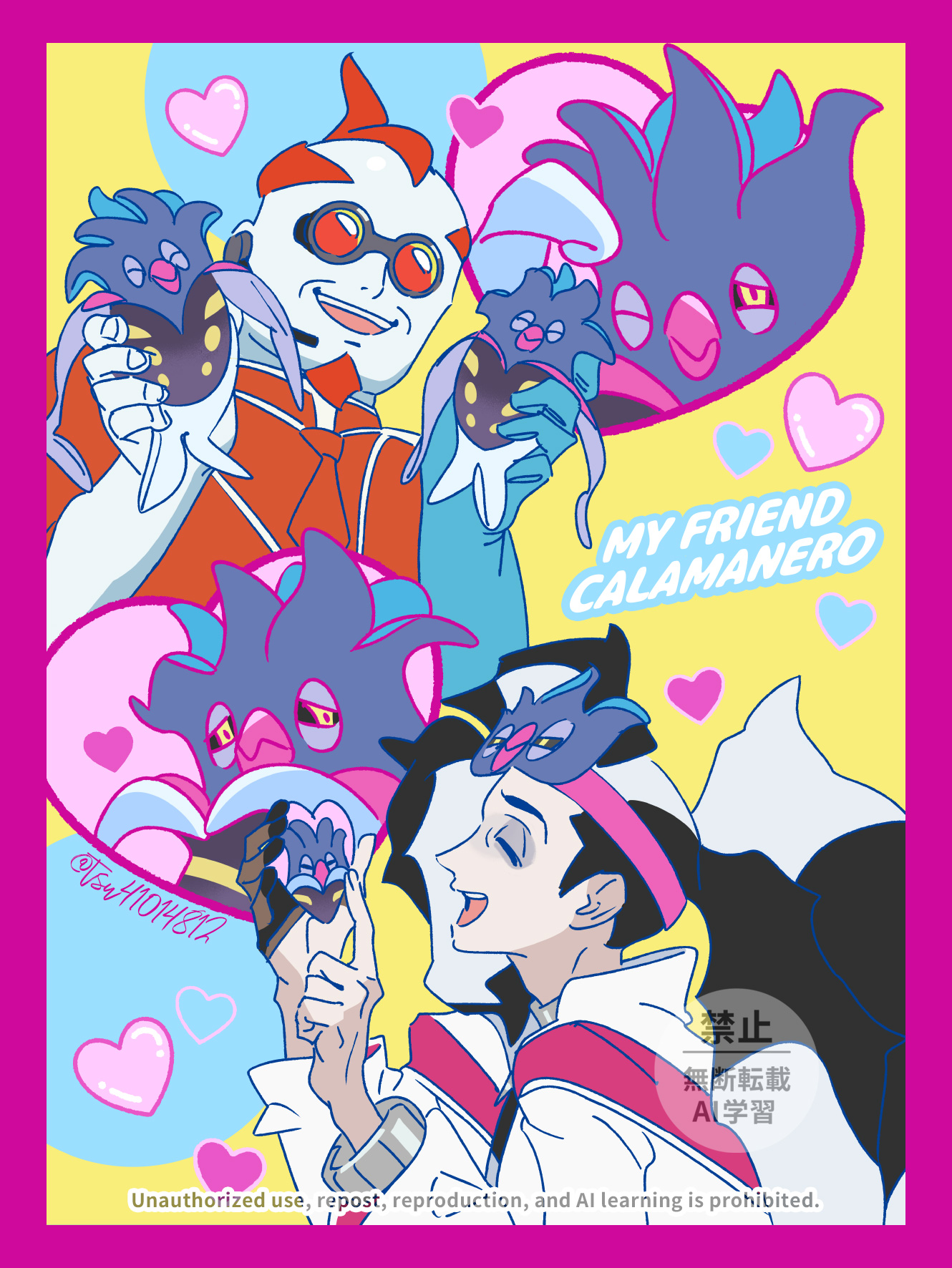 tsuruba (tsu41014812), malamar, piers (pokemon), xerosic (pokemon), nintendo, pokemon, pokemon swsh, pokemon xy, commentary, highres, symbol-only commentary, 2boys, :d, border, bracelet, character doll, closed eyes, doll, eyeshadow, gen 6 pokemon, gloves, goggles, grey eyeshadow, hands up, happy, heart, holding, jacket, jewelry, makeup, male focus, multiple boys, necktie, open mouth, partially fingerless gloves, purple border, shirt, single glove, smile, teeth, twitter username, upper teeth only, watermark, white jacket, yellow background