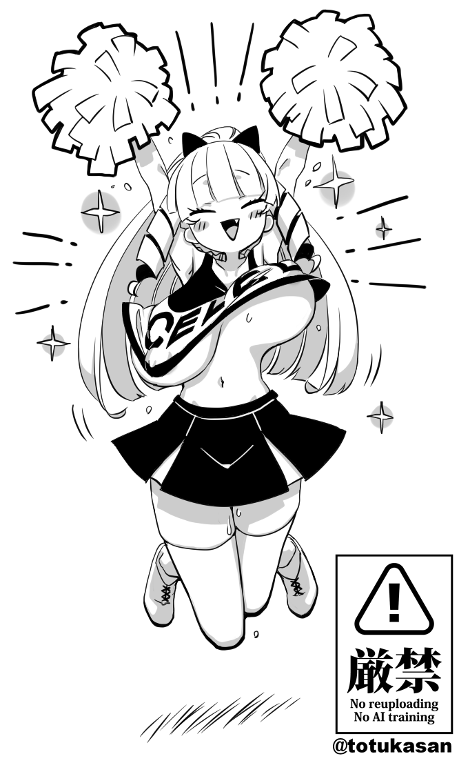 totukasan, kaneda mochiko, mount celeb kaneda-san, 1girl, ^ ^, arms up, blunt bangs, bow, breasts, cheering, cheerleader, closed eyes, crop top, drill hair, drill sidelocks, fang, greyscale, hair bow, holding, holding pom poms, huge breasts, jumping, legs up, long hair, midair, monochrome, navel, no bra, official alternate costume, open mouth, pom pom (cheerleading), pom poms, ponytail, ringlets, sidelocks, skirt, smile, solo, sparkle, sweat, thighhighs, underboob