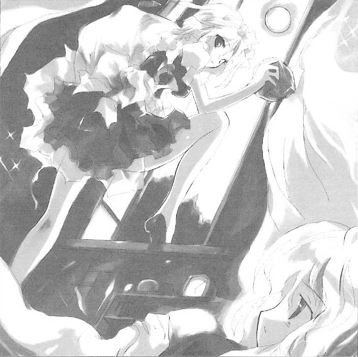 izayoi sakuya, kirisame marisa, touhou, non-web source, 2girls, female focus, greyscale, indoors, maid, monochrome, multiple girls, nature, plant, sky