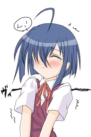 miyazaki nodoka, mahou sensei negima!, lowres, 00s, ahoge, blue hair, blush, closed eyes, hair over eyes, hair over one eye, school uniform, serafuku, solo, tears, trembling