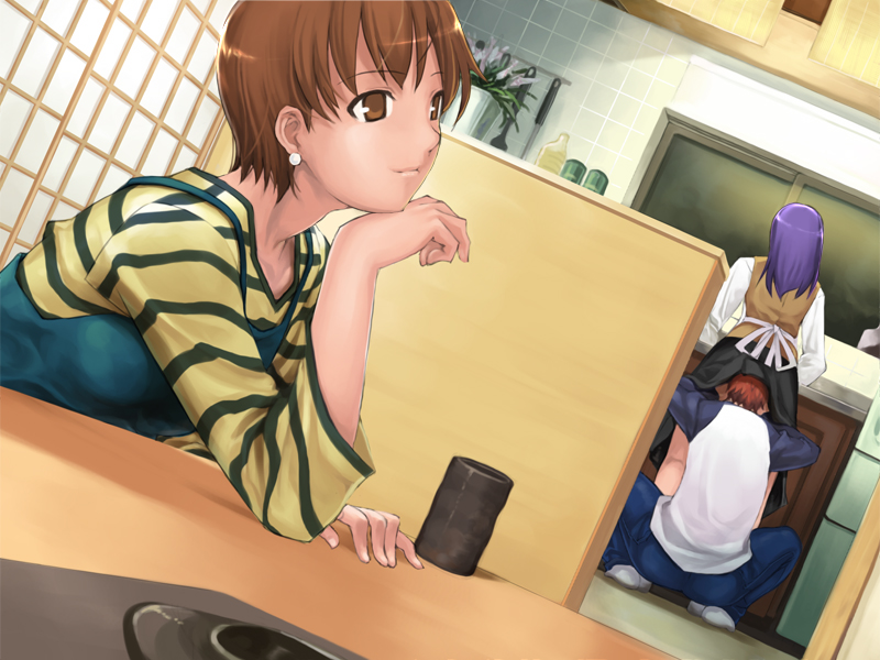 mikazuki akira!, emiya shirou, fujimura taiga, matou sakura, fate/stay night, fate (series), striped, non-web source, 00s, 1boy, 2girls, apron, brown eyes, brown hair, clothes lift, cunnilingus, cup, earrings, hetero, jewelry, multiple girls, oral, purple hair, skirt, skirt lift, squatting, stealth sex, teacup