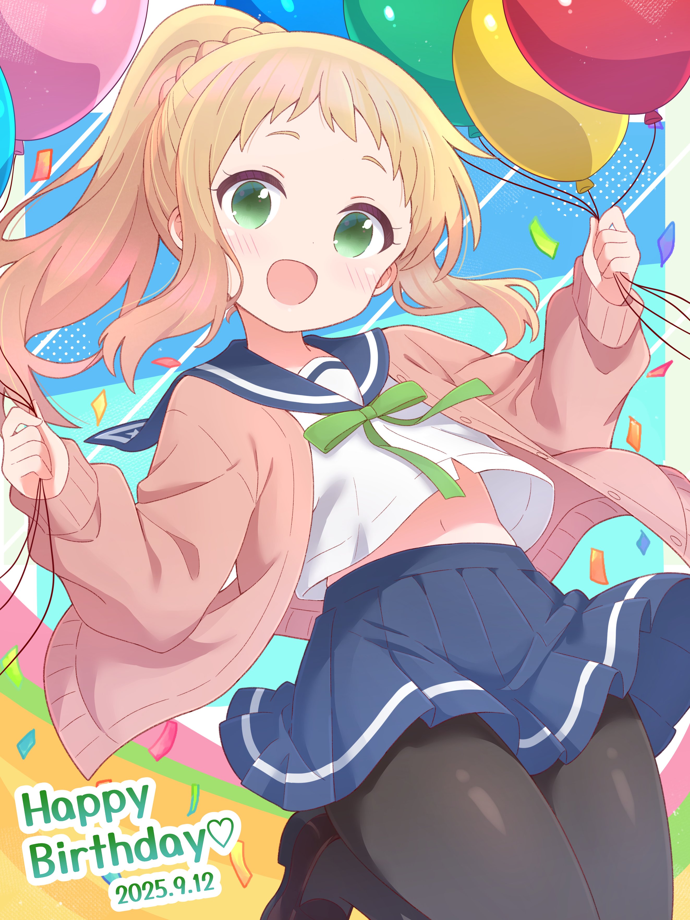cartelet cocoa, inose mai, koisuru asteroid, 1girl, 2025, balloon, birthday, black pantyhose, blonde hair, blue sailor collar, blue skirt, blush, clothes lift, confetti, dated, dot nose, english text, female focus, green eyes, happy, happy birthday, heart, holding, holding balloon, long hair, long sleeves, looking at viewer, navel, open clothes, open mouth, open sweater, pantyhose, ponytail, ribbon, sailor collar, school uniform, serafuku, shirt, shirt lift, skirt, solo, sweater, white shirt