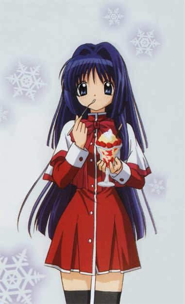 minase nayuki, kanon, anime screenshot, non-web source, 1girl, female focus, food, parfait, red skirt, school uniform, serafuku, skirt, snow, snowflakes, solo, thighhighs