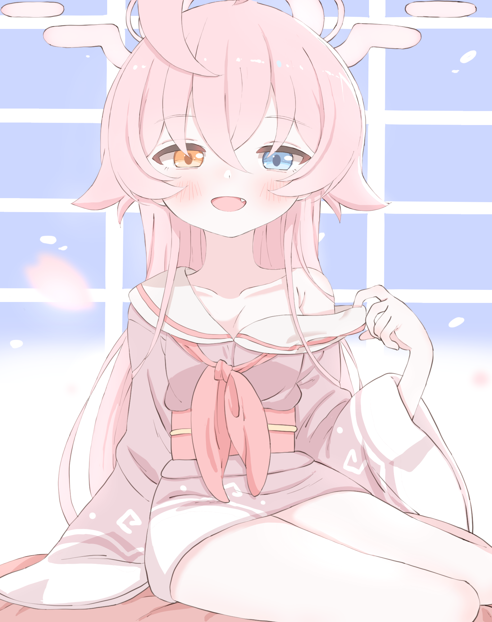norippe (user zgsf8872), hoshino (blue archive), blue archive, commentary request, highres, 1girl, :d, ahoge, blue eyes, blush, breasts, brown kimono, cleavage, fang, hair between eyes, halo, heterochromia, japanese clothes, kimono, long hair, long sleeves, looking at viewer, neckerchief, obi, off shoulder, open mouth, orange eyes, pink hair, pink neckerchief, sash, sleeves past fingers, sleeves past wrists, small breasts, smile, solo, very long hair, wide sleeves, window