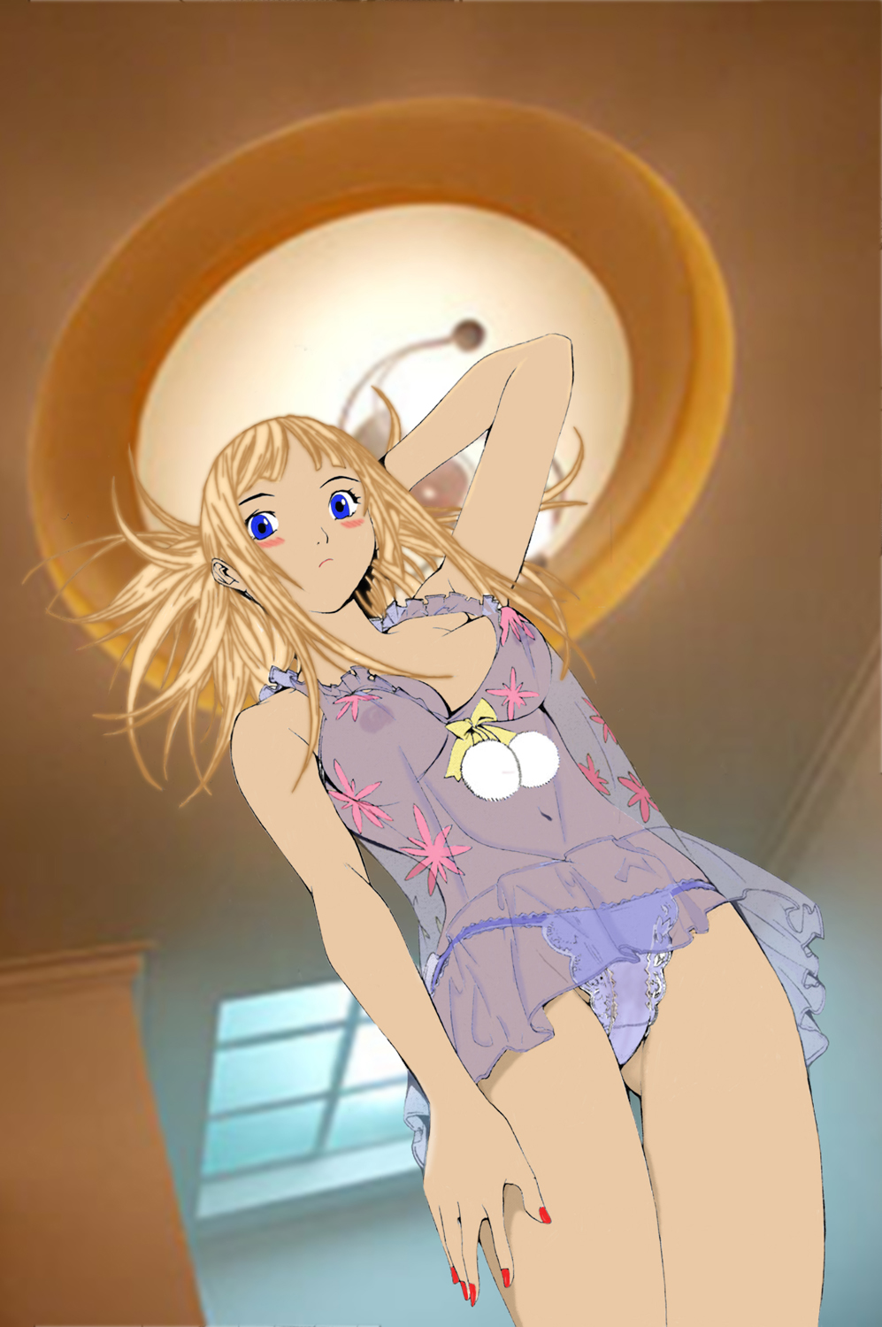 oogure ito, tomita mari, air gear, colorized, highres, non-web source, third-party edit, 00s, 1girl, blonde hair, breasts, female focus, lingerie, nightgown, nipples, panties, solo, underwear