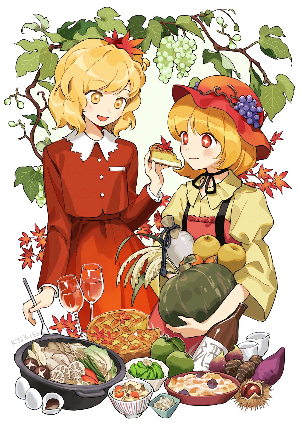 kaigen 1025, aki minoriko, aki shizuha, touhou, commentary, highres, + +, 2girls, :d, apron, autumn leaves, black ribbon, blonde hair, bottle, bowl, chestnut, choker, closed mouth, collared shirt, cup, drinking glass, eating, feeding, food, fork, fruit, hair ornament, hat, holding, holding food, holding fork, holding pumpkin, hotpot, leaf, leaf hair ornament, long sleeves, lotus root, maple leaf, mob cap, multiple girls, mushroom, open mouth, persimmon, pie, pie slice, print shirt, pumpkin, red apron, red eyes, red hat, red shirt, red skirt, ribbon, ribbon choker, shirt, short hair, siblings, sisters, skirt, smile, sweet potato, wheat, white background, wine glass, yellow eyes, yellow shirt