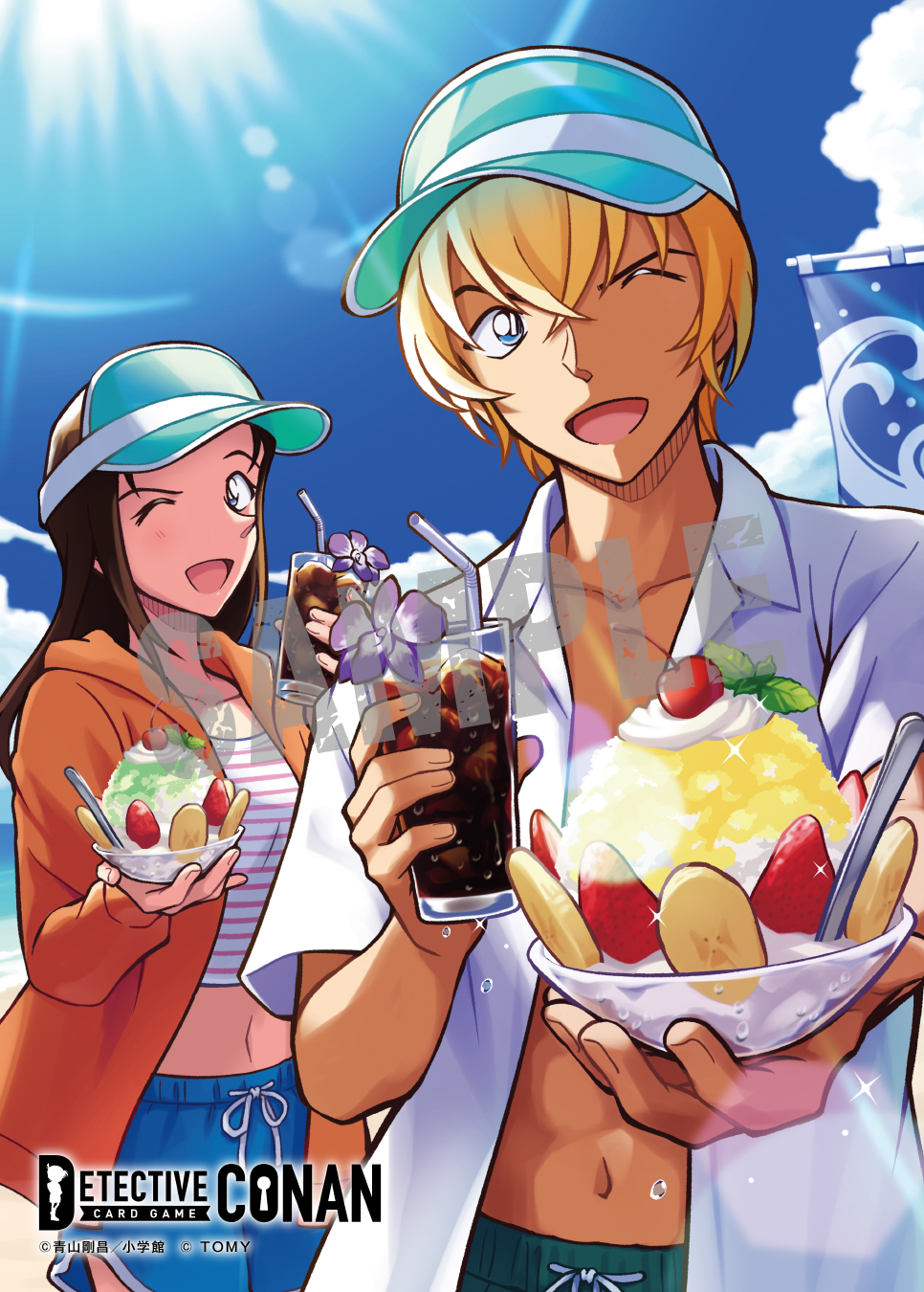 zuku p, amuro tooru, enomoto azusa, meitantei conan, highres, official art, 1boy, 1girl, ;d, banana, banana slice, beach, bendy straw, blonde hair, blue eyes, blue shorts, brown hair, cherry, cloud, coffee, collarbone, collared shirt, condensation, copyright logo, copyright notice, cowboy shot, crossed bangs, cumulonimbus cloud, cup, day, drinking glass, drinking straw, flower, food, fruit, green shorts, hair between eyes, holding, holding cup, hood, hood down, hoodie, iced coffee, lens flare, long hair, long sleeves, looking at viewer, midriff, navel, ocean, one eye closed, open clothes, open hoodie, open mouth, orange hoodie, outdoors, purple flower, sample watermark, shaved ice, shirt, short hair, short sleeves, shorts, smile, standing, strawberry, strawberry slice, striped clothes, striped shirt, summer, sunlight, tumbler glass, visor cap, watermark, whipped cream, white shirt