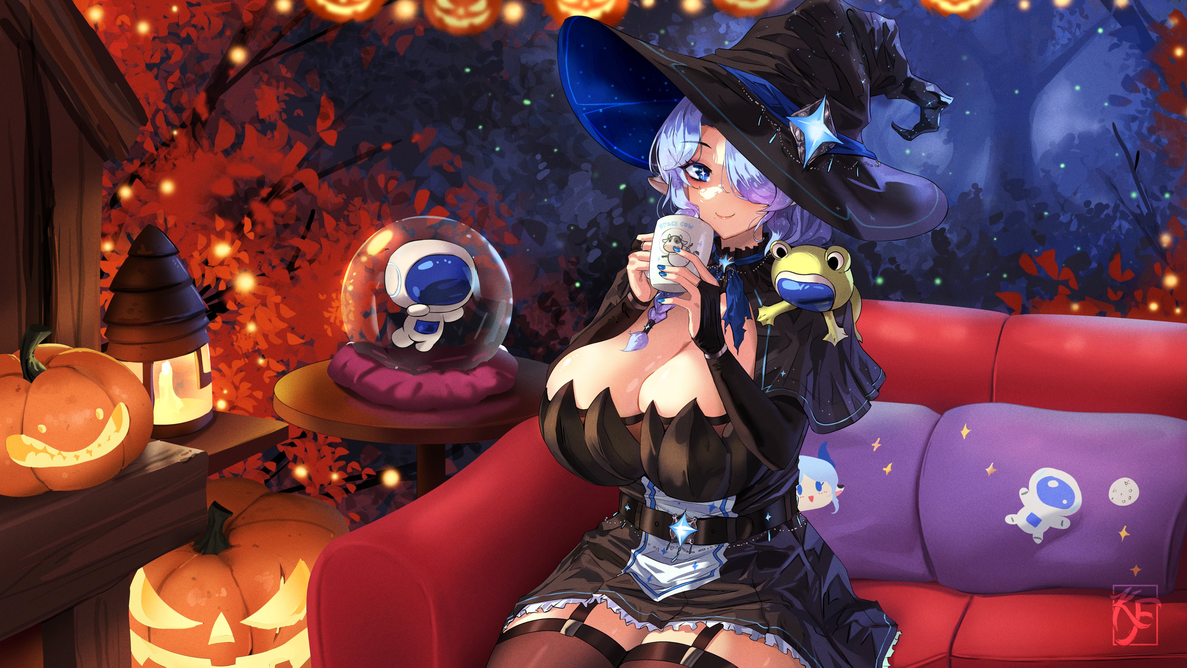 knightfang, miilkywayz, indie virtual youtuber, absurdres, commission, highres, vgen commission, 1girl, artist logo, astro (miilkywayz), belt, black belt, black bridal gauntlets, black dress, black hat, blue eyes, blue nails, braid, breasts, bridal gauntlets, candle, cleavage, closed mouth, couch, cup, dress, hair over one eye, hat, holding, holding cup, huge breasts, jack-o'-lantern, logo, on couch, pillow, sitting, smile, thighhighs, tree, virtual youtuber, witch hat