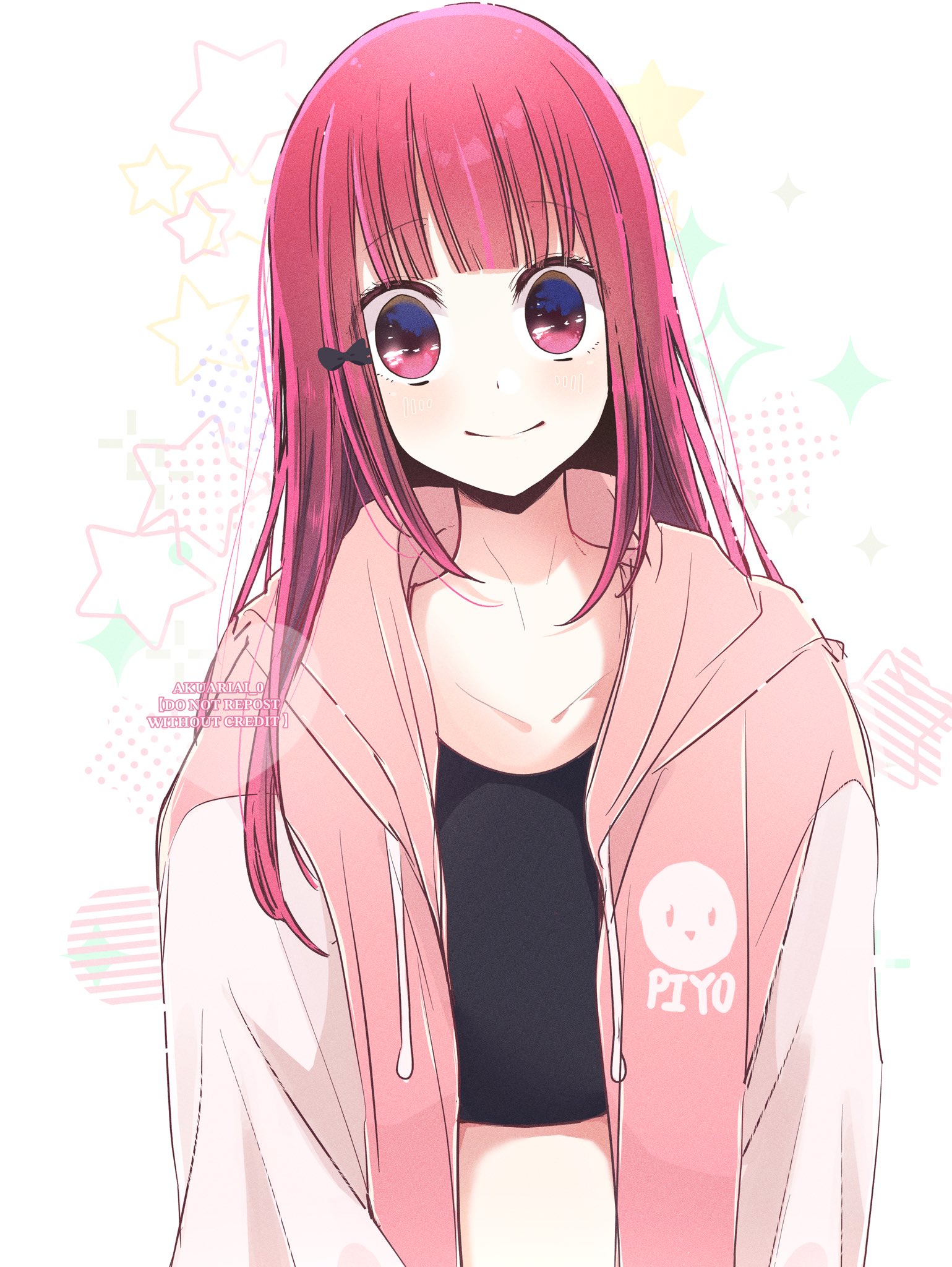 risdelusions, arima kana, pieyon, oshi no ko, highres, 1girl, alternate hair length, alternate hairstyle, black bow, black shirt, bow, breasts, closed mouth, collarbone, crop top, hair bow, hood, hood down, hoodie, long hair, long sleeves, looking at viewer, midriff, red eyes, red hair, shirt, small breasts, solo, star (symbol), star symbol background, unzipped