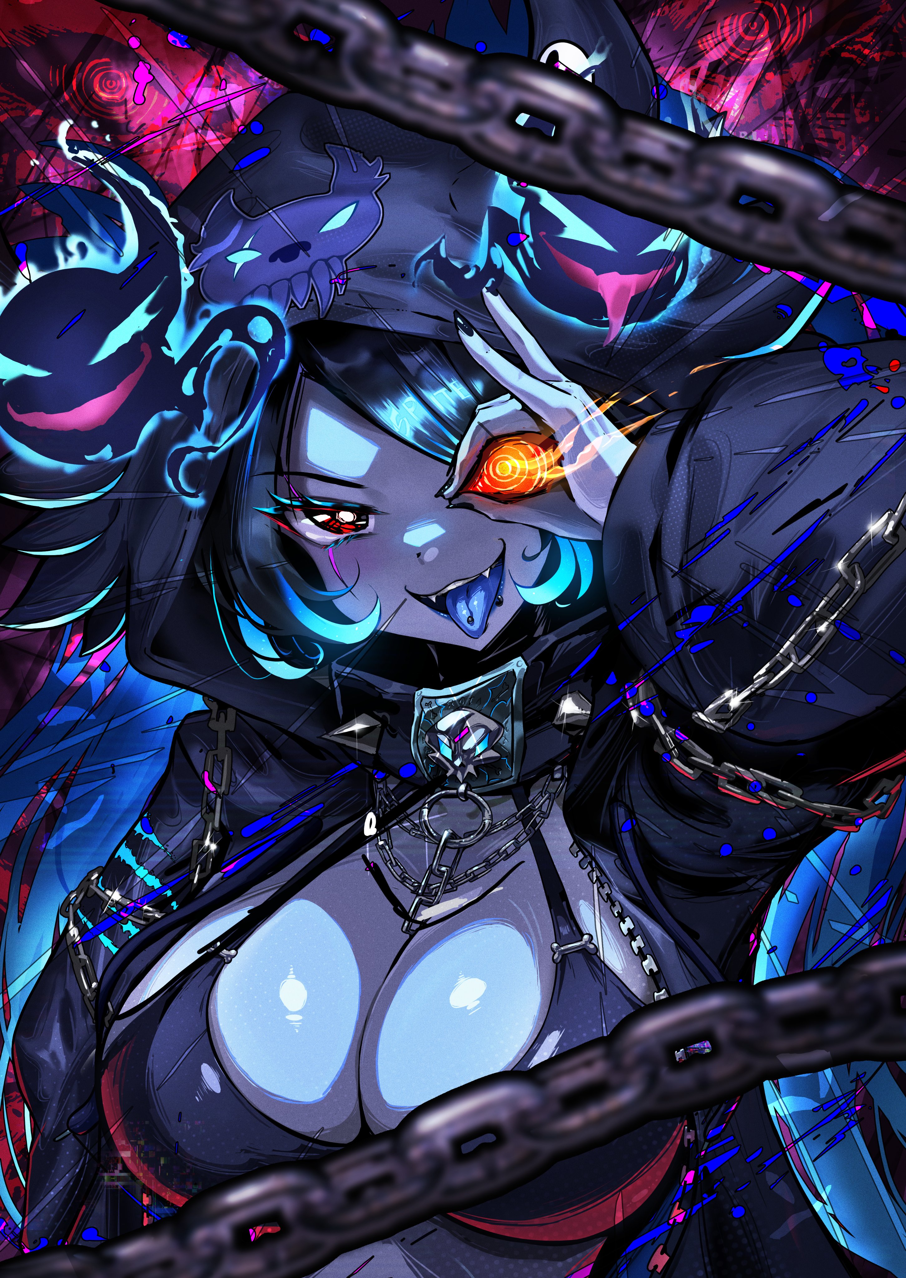 knightfang, spite (vtuber), indie virtual youtuber, absurdres, highres, 1girl, bikini, black bikini, black hair, black hood, black nails, blue hair, blue tongue, breasts, bright pupils, chain, chain necklace, cleavage, colored skin, colored tongue, grey skin, heterochromia, jewelry, multicolored hair, necklace, red eyes, streaked hair, swimsuit, teeth, tongue, tongue out, upper body, upper teeth only, virtual youtuber, white pupils
