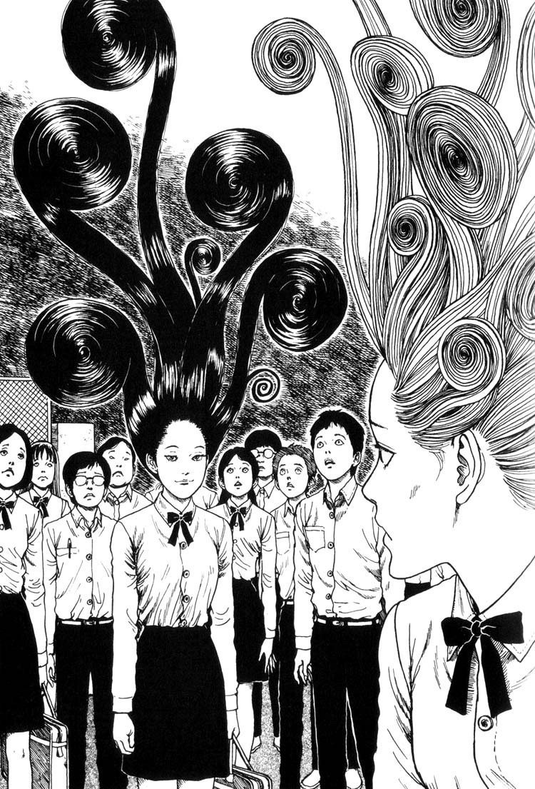 itou junji, uzumaki, non-web source, 5boys, 5girls, greyscale, j-horror, monochrome, multiple boys, multiple girls, prehensile hair, what