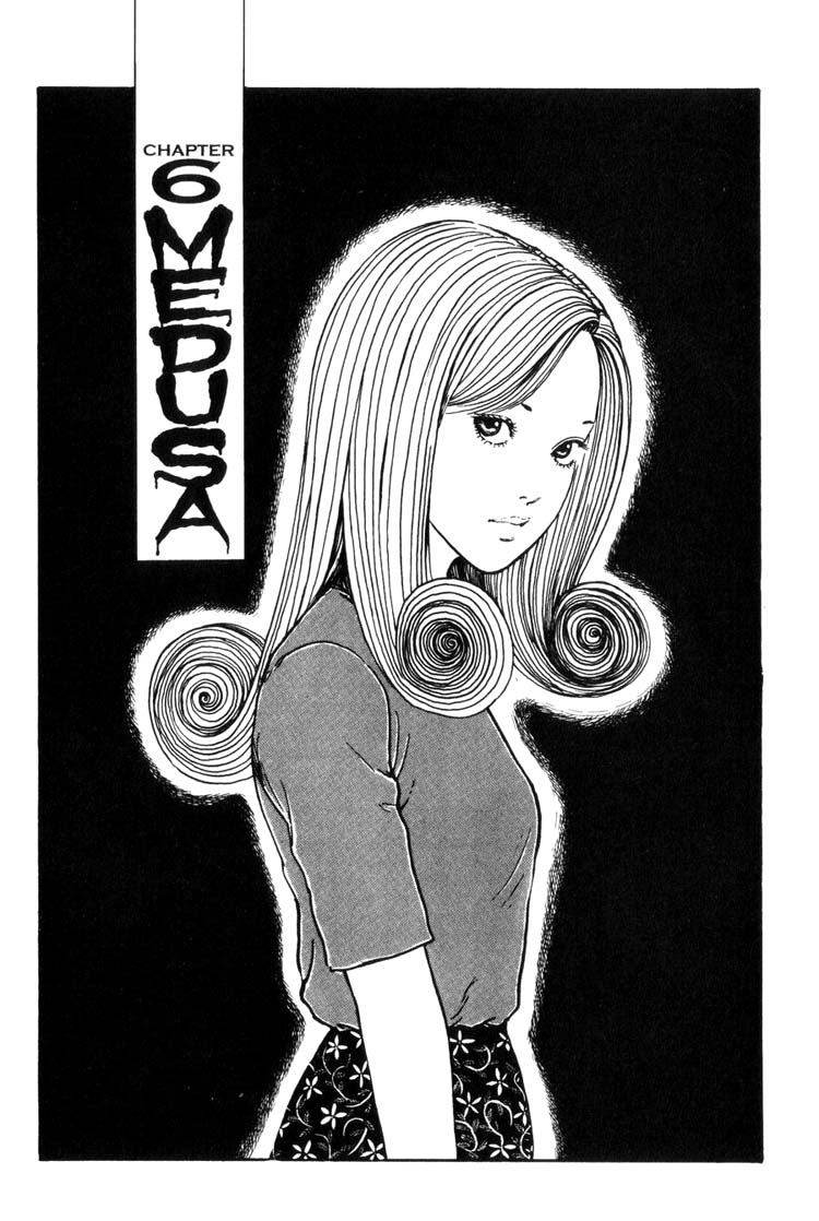 itou junji, goshima kirie, uzumaki, non-web source, 1girl, black background, border, cowboy shot, female focus, greyscale, j-horror, looking at viewer, monochrome, portrait, simple background, skirt, solo, sweater