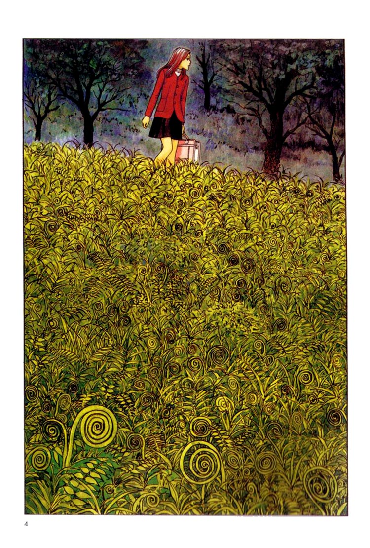 itou junji, uzumaki, non-web source, 1girl, black skirt, border, brown hair, female focus, field, full body, grass, guro, j-horror, long hair, long sleeves, nature, outdoors, page number, plant, profile, red hair, scenery, skirt, solo, spiral, tree, walking, wide shot