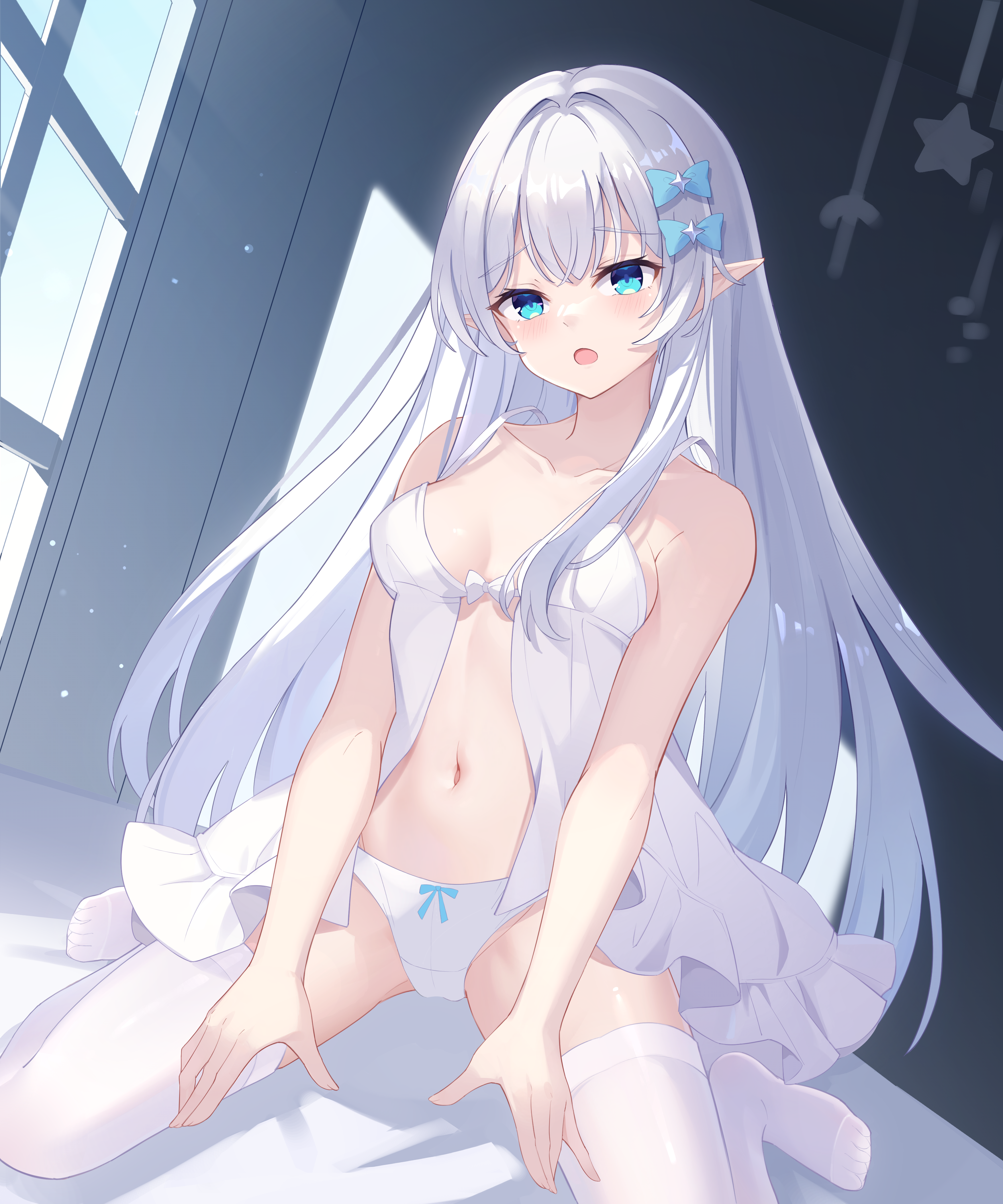 lyrae, original, absurdres, highres, 1girl, babydoll, blue bow, blue eyes, bow, breasts, hair bow, long hair, medium breasts, navel, open mouth, panties, thighhighs, underwear, white babydoll, white hair, white panties, white thighhighs
