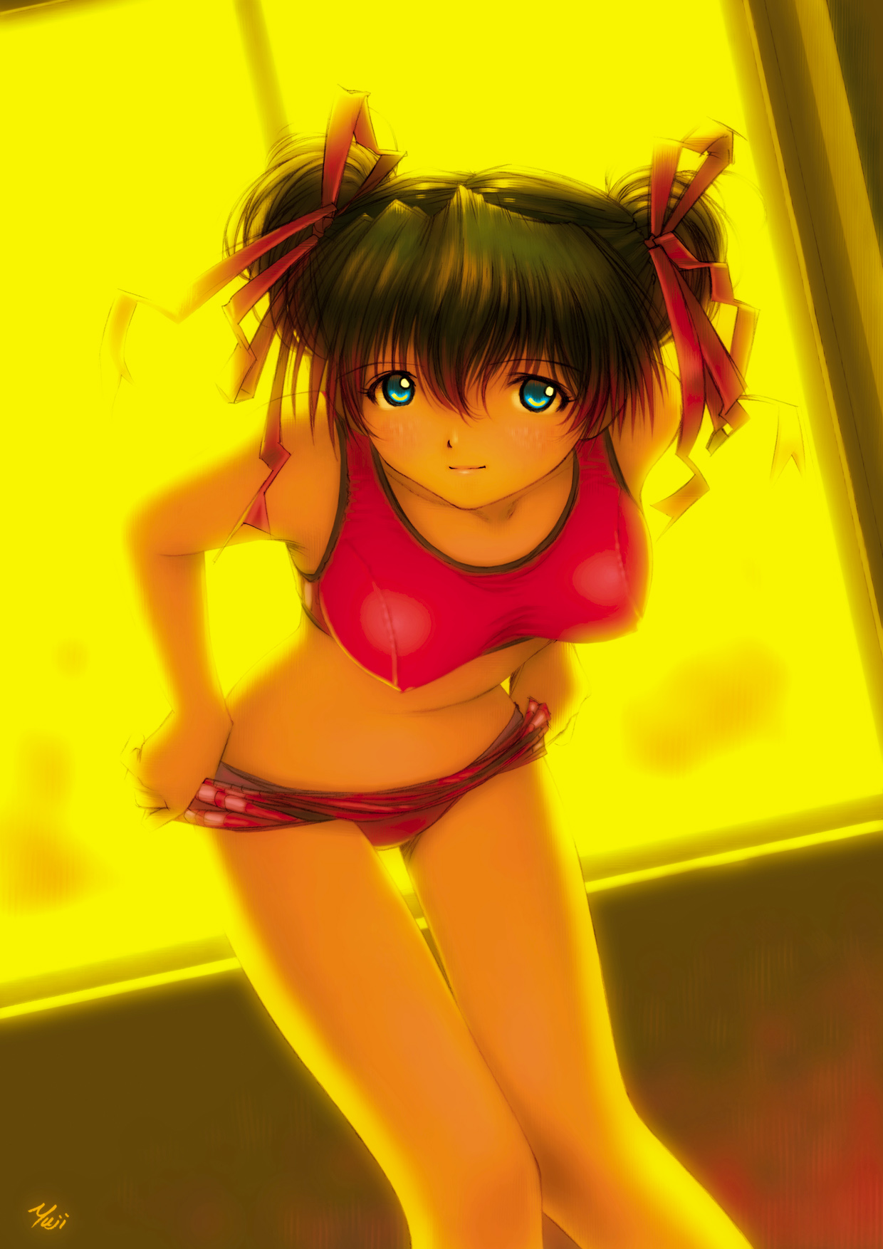 kobayashi yuji, souryuu asuka langley, neon genesis evangelion, highres, non-web source, 1girl, alternate hairstyle, artist name, bare legs, bent over, bikini, bikini pull, black hair, blue eyes, blush, bra, breasts, buruma, clothes pull, covered erect nipples, double bun, double vertical stripe, dutch angle, female focus, hair between eyes, hair bun, hair ribbon, looking at viewer, pulling own clothes, ribbon, shirt, short hair, signature, smile, solo, sports bikini, sports bra, standing, swimsuit, taut clothes, taut shirt, thigh gap, underwear, undressing