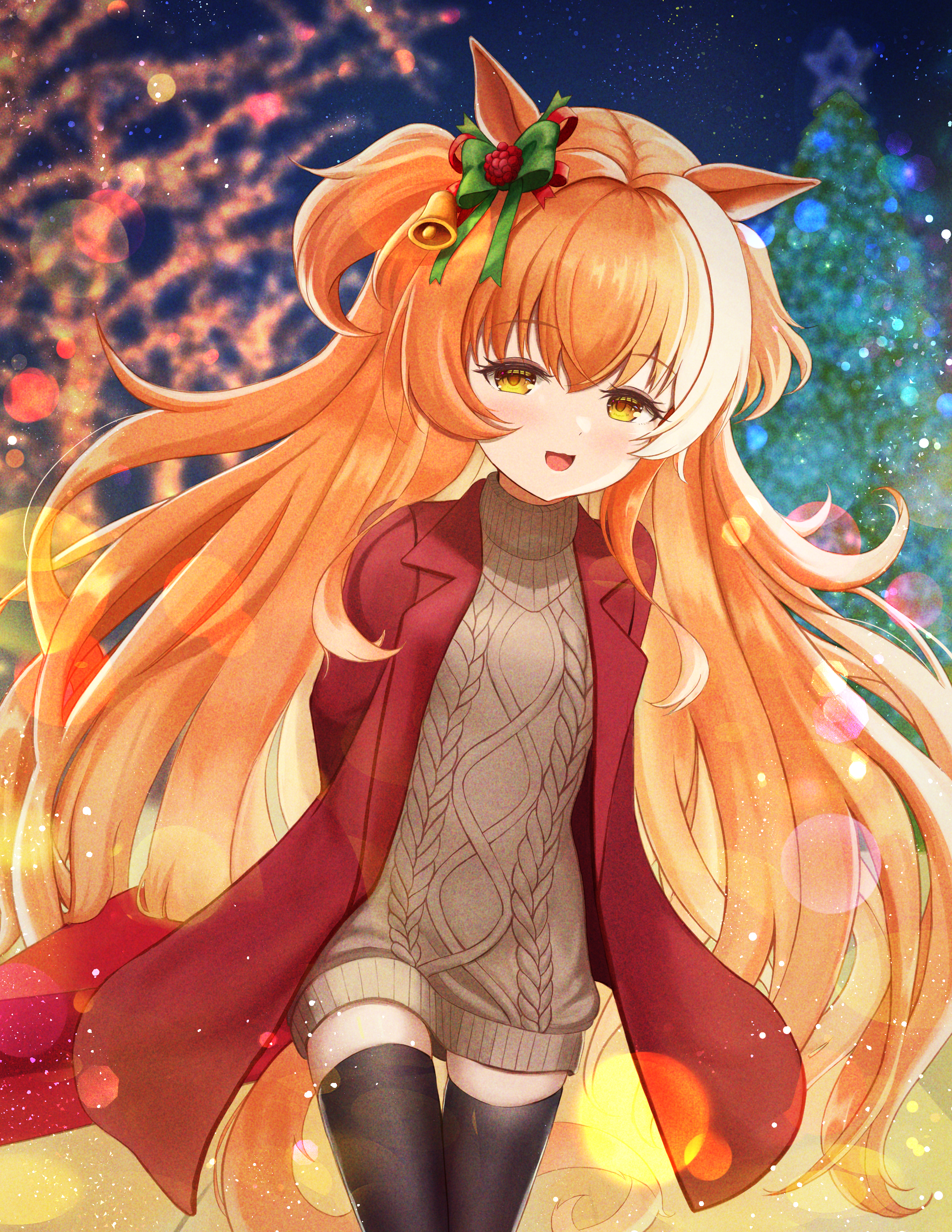 giant bat, mayano top gun (umamusume), umamusume, absurdres, commentary, english commentary, highres, mixed-language commentary, 1girl, :d, animal ears, arms behind back, bell, black thighhighs, blush, bow, breasts, brown sweater, christmas, christmas tree, cowboy shot, dress, ear bow, film grain, fireworks, green bow, horse ears, horse girl, horse tail, jacket, lens flare, long hair, long sleeves, looking at viewer, night, night sky, open clothes, open jacket, open mouth, orange eyes, orange hair, orange tail, red jacket, sky, smile, solo, star (sky), star (symbol), sweater, sweater dress, tail, thighhighs, turtleneck, turtleneck sweater, two side up