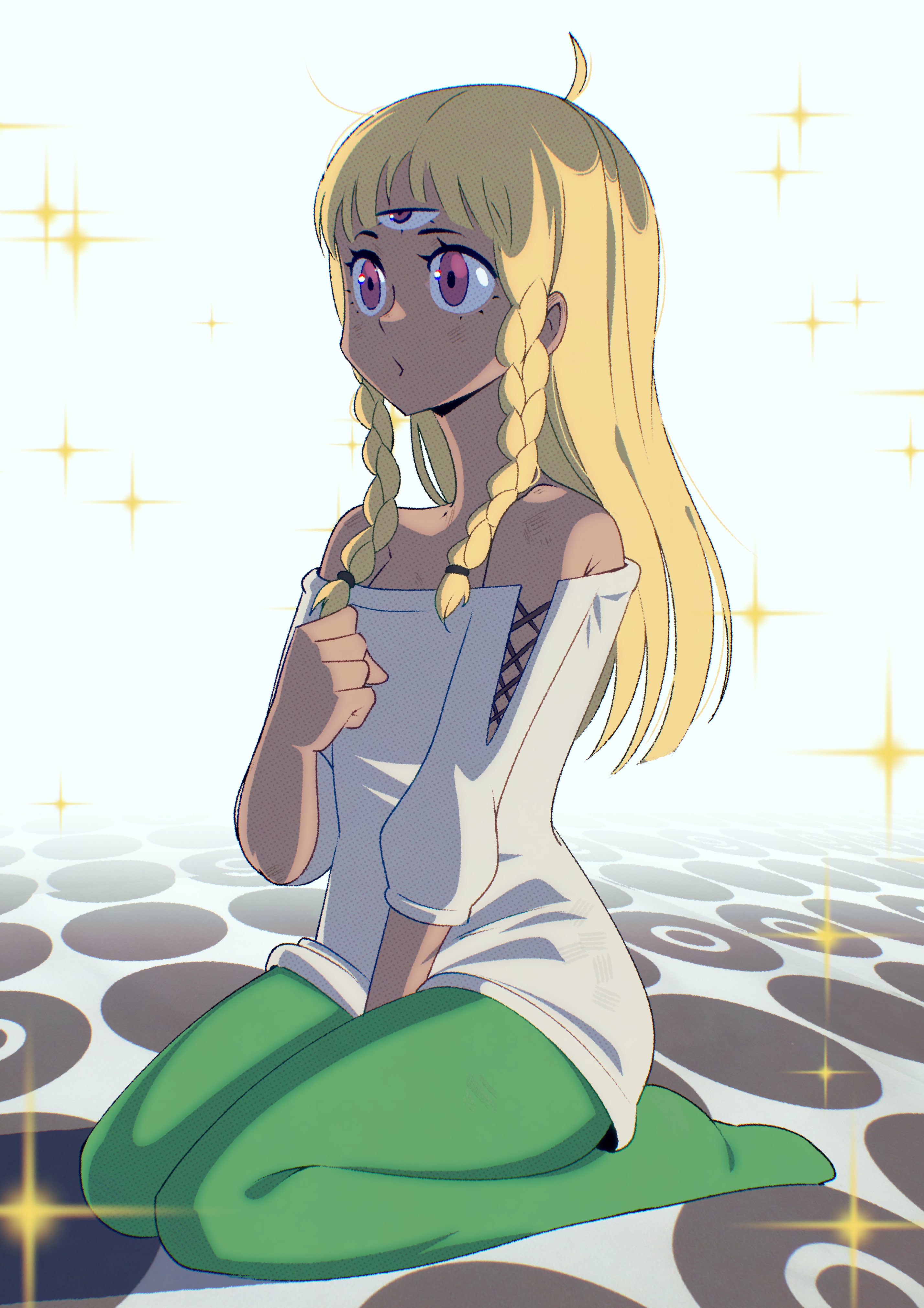 gjh, eupha (metaphor: refantazio), metaphor: refantazio, absurdres, commentary, highres, 1girl, ahoge, bare shoulders, blonde hair, braid, dark-skinned female, dark skin, dress, green pantyhose, long hair, no shoes, off shoulder, pantyhose, purple eyes, short dress, sitting, solo, third eye, twin braids, white dress