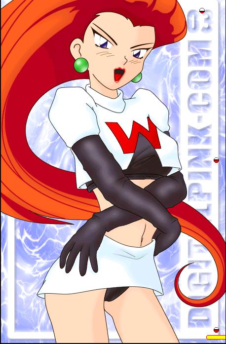 digitalpink, jessie (pokemon), nintendo, poke-a-ball, pokemon, game cg, jpeg artifacts, non-web source, 1girl, black panties, blue eyes, blush, crossed arms, earrings, elbow gloves, female focus, game, gloves, jewelry, lipstick, long hair, makeup, midriff, miniskirt, open mouth, panties, pencil skirt, poke ball, red hair, shirt, skirt, solo, team rocket, underwear
