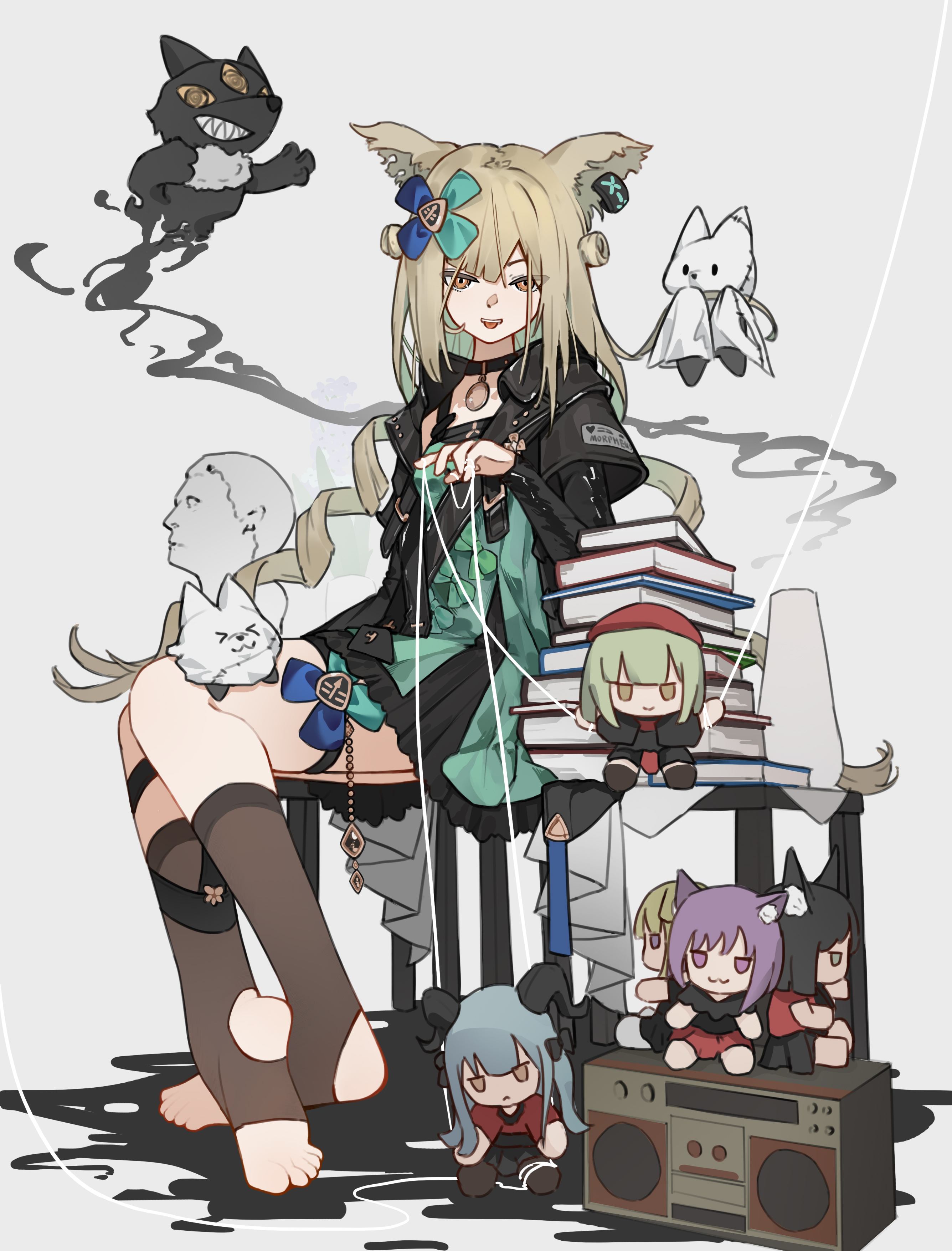 northernw, infection monitor (arknights), misumi uika, misumi uika (caged singer), togawa sakiko, togawa sakiko (master of melodia), wakaba mutsumi, wakaba mutsumi (marionette's id), yahata umiri, yahata umiri (moonlight executioner), yuutenji nyamu, yuutenji nyamu (magician of passion), arknights, ave mujica (bang dream!), bang dream!, bang dream! it's mygo!!!!!, absurdres, commentary, highres, 1girl, :<, :3, animal ear fluff, animal ears, beret, black bow, black choker, black hair, black horns, black jacket, black shirt, black skirt, blonde hair, blue hair, bob cut, book, book stack, boombox, bow, brown eyes, brown socks, cat ears, cat girl, character doll, character name, choker, closed mouth, clothes writing, creature, curled horns, demon girl, demon horns, dog ears, dog girl, doll, dress, dress bow, drill hair, familiar, floating, full body, ghost tail, green bow, green dress, green eyes, green hair, grey background, hair bow, hair ornament, hat, horns, jacket, kneehighs, layered sleeves, long hair, long sleeves, looking at viewer, low twintails, miniskirt, morpheus (arknights), no shoes, notched ear, on table, open clothes, open jacket, orange eyes, pendant choker, plantar flexion, pleated skirt, puppet strings, purple eyes, purple hair, red hat, red shirt, red skirt, shin strap, shirt, short dress, short hair, short over long sleeves, short sleeves, simple background, sitting, skirt, sleeveless, sleeveless dress, smile, socks, soles, solo, statue, stirrup legwear, table, thigh strap, toe scrunch, toeless legwear, toes, tongue, tongue out, tsurime, twin drills, twintails, two side up, very long hair, wolf ears, wolf girl, x hair ornament