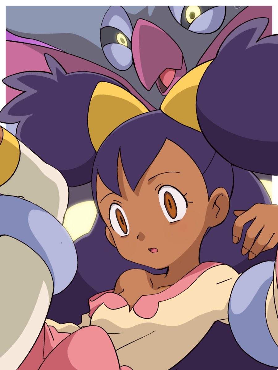 hitsugi mc, iris (pokemon), malamar, nintendo, pokemon, pokemon (anime), pokemon bw (anime), commentary request, highres, 1girl, :o, brown eyes, collarbone, dark-skinned female, dark skin, empty eyes, eyelashes, gen 6 pokemon, glowing, glowing eyes, hand up, holding another's leg, leggings, long hair, mind control, open mouth, pink skirt, pokemon (creature), purple hair, shirt, single bare shoulder, single off shoulder, skirt, two side up, yellow shirt