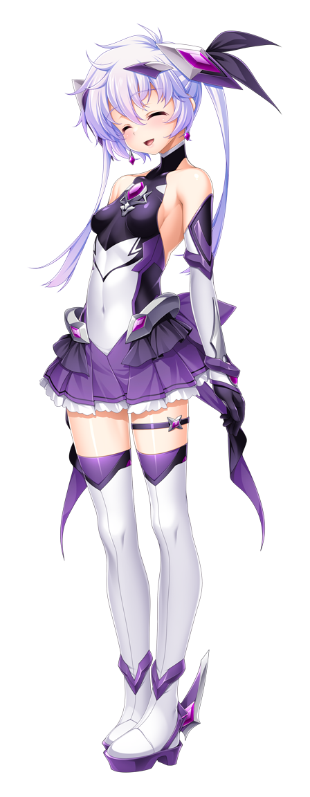 kamitsurugi ouka, exs-tia luna, sugahara touka, kouyoku senki exs-tia concert, game cg, large variant set, non-web source, official art, variant set, 1girl, :d, ^ ^, bare shoulders, black gloves, blush, boots, breasts, chest jewel, closed eyes, covered navel, earrings, elbow gloves, facing viewer, frilled skirt, frills, full body, gloves, hair ornament, happy, headgear, jewelry, layered skirt, long hair, magical girl, miniskirt, open mouth, pleated skirt, purple hair, shiny clothes, sideboob, skin tight, skirt, small breasts, smile, solo, standing, tachi-e, thigh boots, thigh strap, thighhighs, transparent background, turtleneck, twintails, white thighhighs, zettai ryouiki