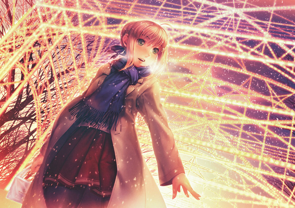 artoria pendragon (fate), saber (fate), fate/stay night, fate (series), 00s, 1girl, alternate costume, blonde hair, female focus, snow, snowing, solo