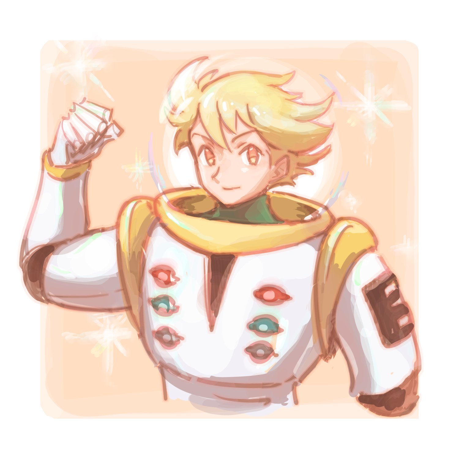 ffccll, barry (pokemon), regigigas, nintendo, pokemon, pokemon dppt, commentary, highres, 1boy, blonde hair, clenched hand, closed mouth, cosplay, flexing, gen 4 pokemon, green shirt, hand up, helmet, legendary pokemon, male focus, regigigas (cosplay), shirt, short hair, smile, solo, space helmet, spacesuit, sparkle, upper body