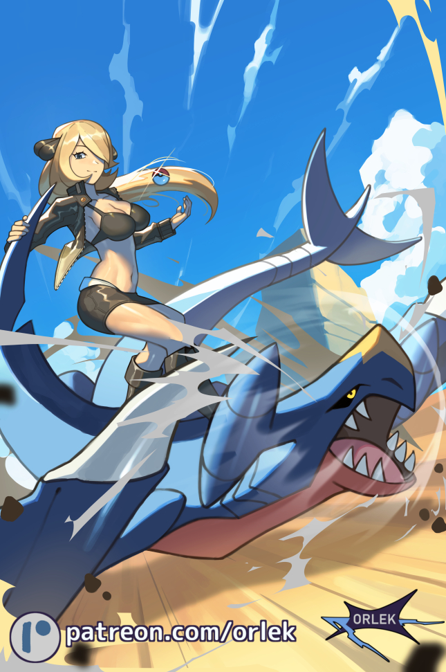 orlek, cynthia (pokemon), garchomp, nintendo, pokemon, pokemon dppt, commentary, 1girl, alternate costume, artist name, bikini, bikini top only, blonde hair, boots, breasts, cleavage, closed mouth, cloud, day, floating hair, gen 4 pokemon, glint, hair over one eye, holding, long hair, long sleeves, outdoors, patreon logo, poke ball, poke ball (basic), pokemon (creature), riding, riding pokemon, skirt, sky, smile, swimsuit, watermark, web address, zipper