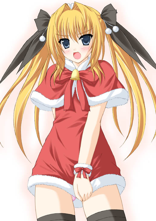 minamori noeru, katori rea, parfait chocolat second brew, 1girl, bell, black thighhighs, blonde hair, blue eyes, blush, capelet, christmas, covering crotch, covering privates, cowboy shot, dress, dress tug, female focus, hair ribbon, long hair, open mouth, ribbon, santa costume, simple background, solo, thighhighs, twintails