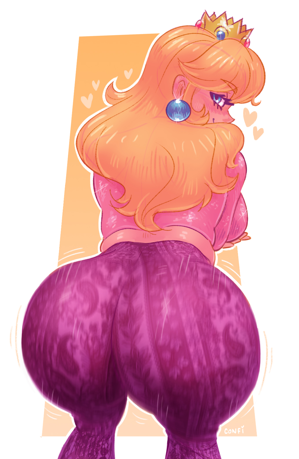 confiserie, princess peach, mario (series), nintendo, highres, 1girl, alternate costume, ass shake, blonde hair, blue eyes, crown, earrings, forbidden pants, heart, jewelry, long hair, looking at viewer, looking back, motion blur, pants, pink pants, pink shirt, print pants, shirt, solo, sphere earrings