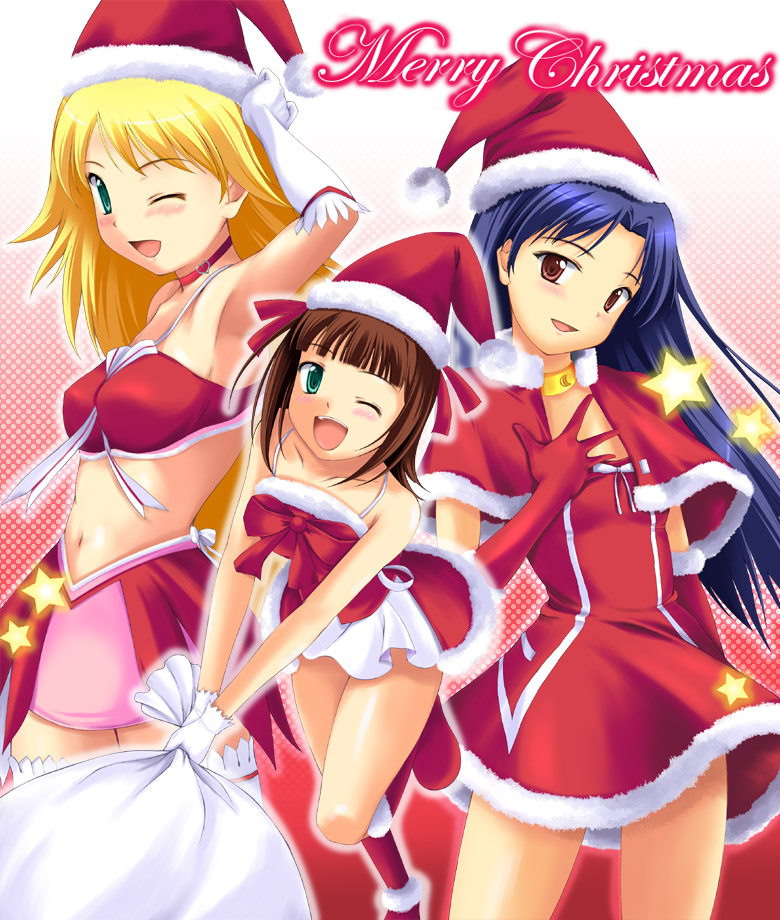 nishi (count2.4), amami haruka, hoshii miki, kisaragi chihaya, idolmaster, idolmaster (classic), idolmaster 1, 00s, 3girls, ;d, blonde hair, blue hair, blush, brown hair, choker, christmas, cute & girly (idolmaster), gloves, gradient background, halftone, halftone background, hat, looking at viewer, merry christmas, midriff, multiple girls, noel angelic, noel angelic (idolmaster), one eye closed, open mouth, sack, santa costume, santa hat, smile, star (symbol), white gloves