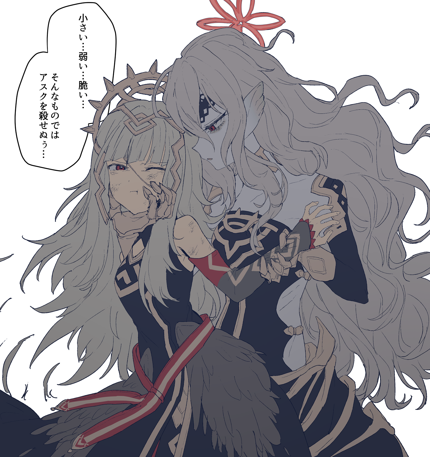3days siesta, embla (fire emblem), veronica (fire emblem), fire emblem, fire emblem heroes, nintendo, highres, translation request, 2girls, bare shoulders, black dress, closed mouth, clothing cutout, collarbone, detached collar, detached sleeves, dress, feather trim, grey hair, hand on another's face, injury, long hair, looking at another, multiple girls, one eye closed, pale skin, profile, red eyes, simple background, speech bubble, wavy hair, white background