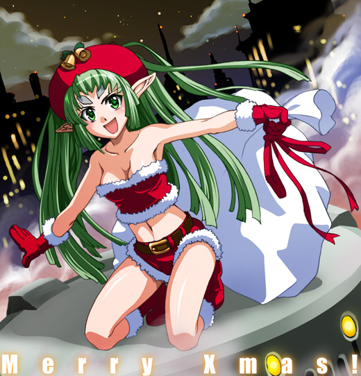 inue shinsuke, elsa, demonbane, light, 00s, 1girl, armpits, bare legs, bell, belt buckle, beret, buckle, christmas, city lights, cityscape, female focus, full body, gloves, green eyes, green hair, hat, jingle bell, kneeling, long hair, looking at viewer, matching hair/eyes, outstretched arms, red gloves, red skirt, santa costume, silhouette, skirt, solo, very long hair