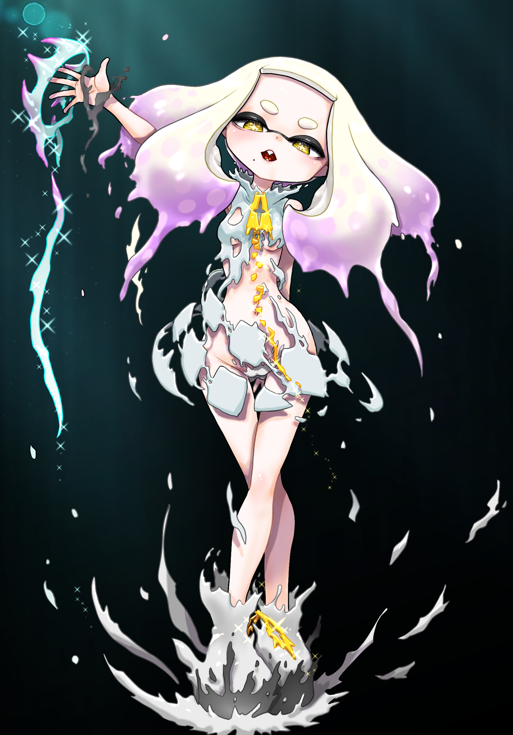 koharu2.5, pearl (splatoon), nintendo, splatoon (series), highres, 1girl, arm behind back, arm up, blunt bangs, breasts, cameltoe, cross-shaped pupils, crown, dissolving clothes, domino mask, dot nose, full body, gradient hair, groin, inkling, looking at viewer, mask, melting, mole, mole under mouth, multicolored hair, navel, open mouth, pink hair, small breasts, solo, symbol-shaped pupils, tentacle hair, thick eyebrows, unworn crown, white hair, wide hips, yellow eyes