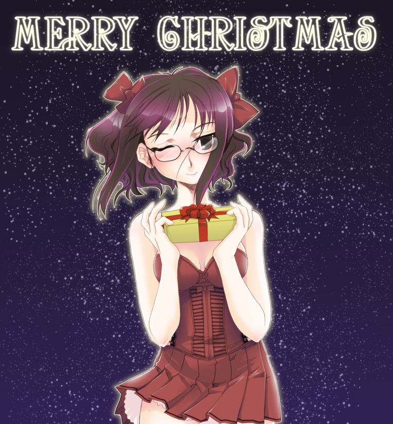 mk (mod0), kikuko (kazu), original, 1girl, bare shoulders, blush, brown eyes, casual, christmas, female focus, gift, glasses, hair ribbon, holding, holding gift, one eye closed, purple hair, ribbon, short hair, smile, solo
