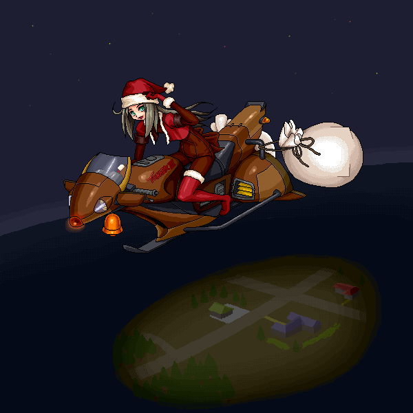 original, 1girl, beanie, blonde hair, boots, building, carriage, christmas, dark, dress, female focus, full body, hat, house, long hair, long sleeves, looking at viewer, pom pom (clothes), pom pom beanie, red boots, red dress, red hat, red thighhighs, sack, santa costume, santa hat, sitting, solo, star (sky), thighhighs, town, zettai ryouiki