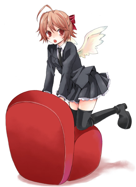 kubyou azami, original, 1girl, brown hair, female focus, red eyes, school uniform, serafuku, solo, thighhighs, wings