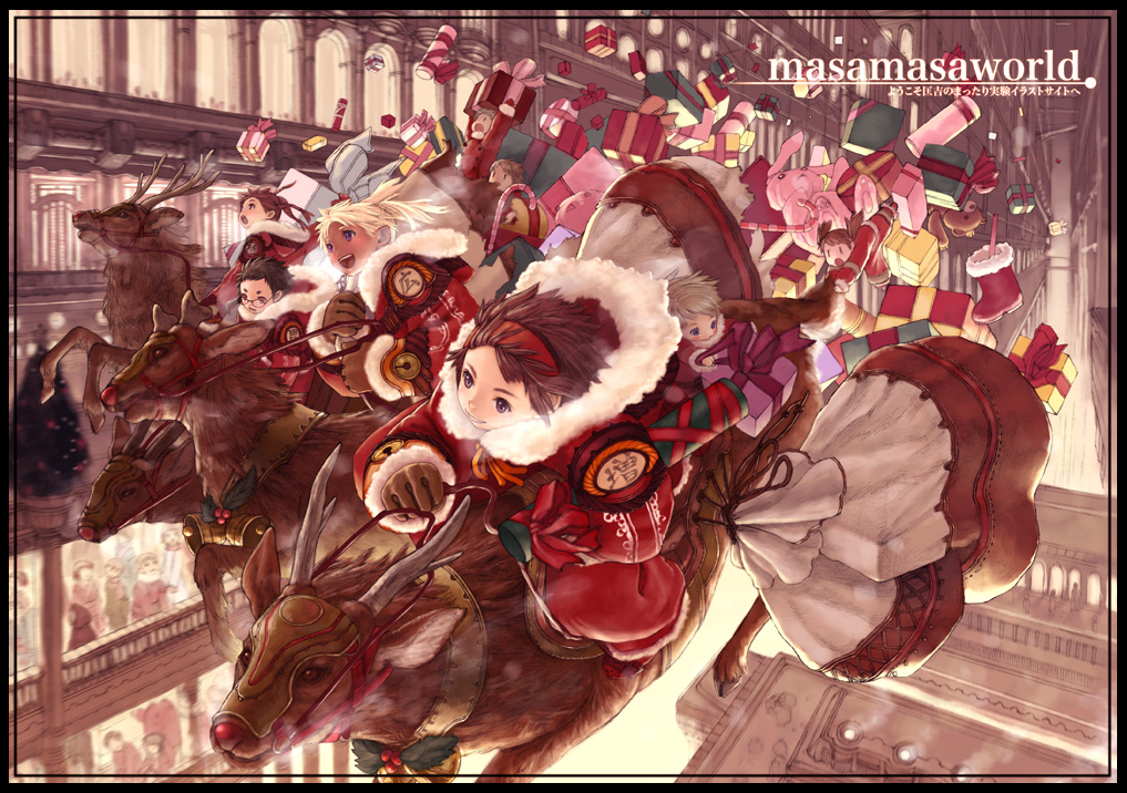 masakichi, original, fur, 6+girls, animal, antlers, brown eyes, brown hair, building, carriage, christmas, dress, floating hair, flying, full body, fur collar, fur trim, horns, long sleeves, looking at viewer, multiple girls, pillar, red dress, reindeer, santa costume