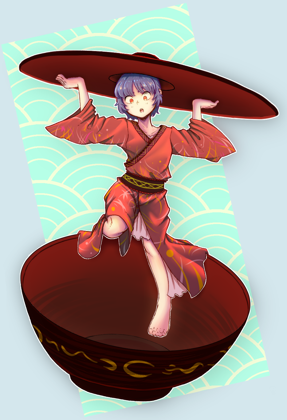 revenge (vengerezn), sukuna shinmyoumaru, touhou, commentary, english commentary, highres, 1girl, barefoot, bowl, bowl hat, hat, japanese clothes, kimono, long sleeves, mini person, minigirl, obi, open mouth, orange eyes, purple hair, red kimono, sash, short hair, solo, toes, wide sleeves