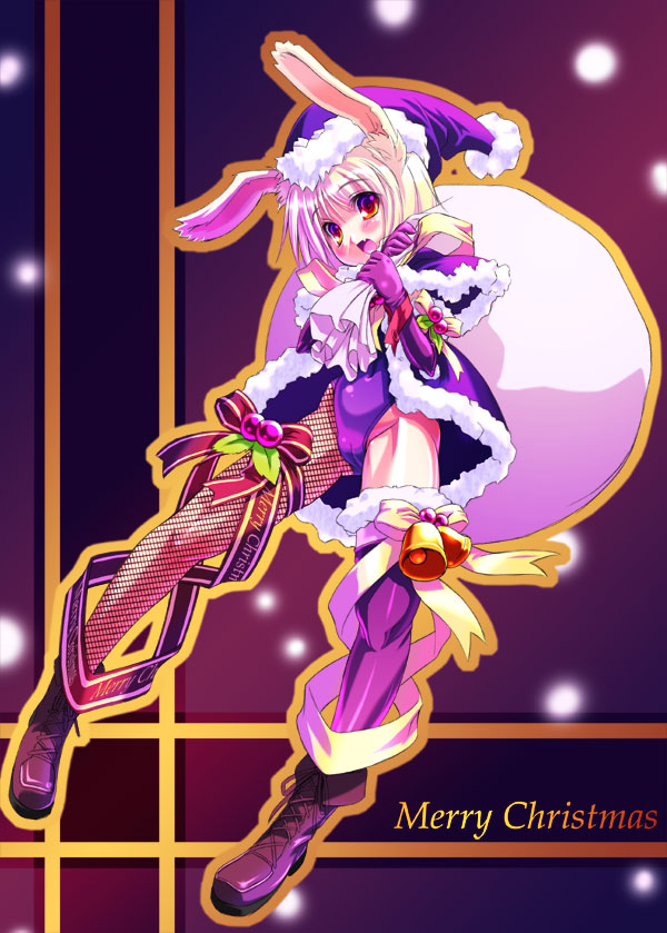 musumi renga, original, 1girl, animal ears, asymmetrical legwear, bell, blonde hair, boots, brown boots, cameltoe, christmas, female focus, fishnets, gloves, hat, merry christmas, rabbit ears, ribbon, sack, santa costume, santa hat, solo, thighhighs, uneven legwear