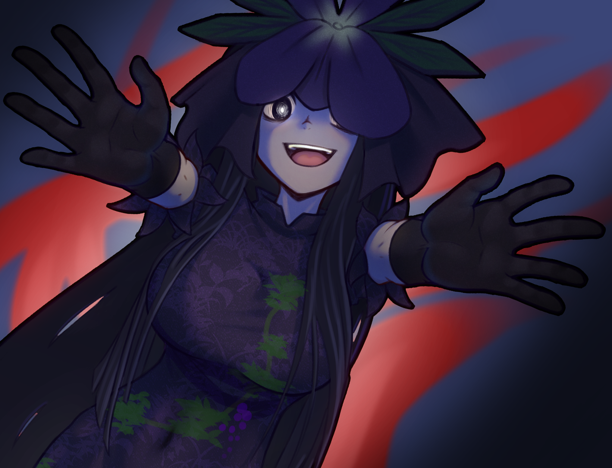 revenge (vengerezn), yomotsu hisami, touhou, commentary, english commentary, highres, 1girl, black gloves, black hair, breasts, covered navel, dress, elbow gloves, flower, flower on head, food print, fruit print, gloves, grape print, incoming hug, large breasts, lobelia (flower), long hair, looking at viewer, open mouth, purple dress, purple flower, short sleeves, smile, solo, very long hair, vine print