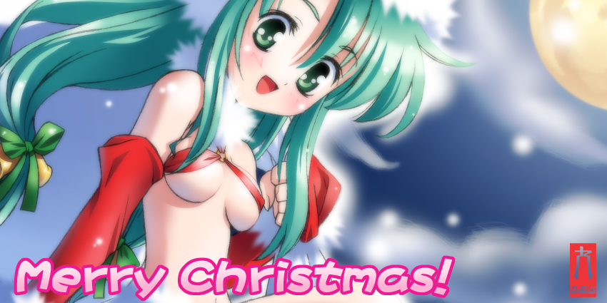 kuzuryuu kennosuke, kuzuryuu kenosuke, original, 1girl, :d, blush, breasts, christmas, cloud, elbow gloves, english text, female focus, full moon, gloves, green eyes, green hair, hair between eyes, long hair, looking at viewer, matching hair/eyes, merry christmas, moon, night, night sky, open mouth, red gloves, sidelocks, sky, smile, snowing, solo, text focus, underboob, upper body, winter