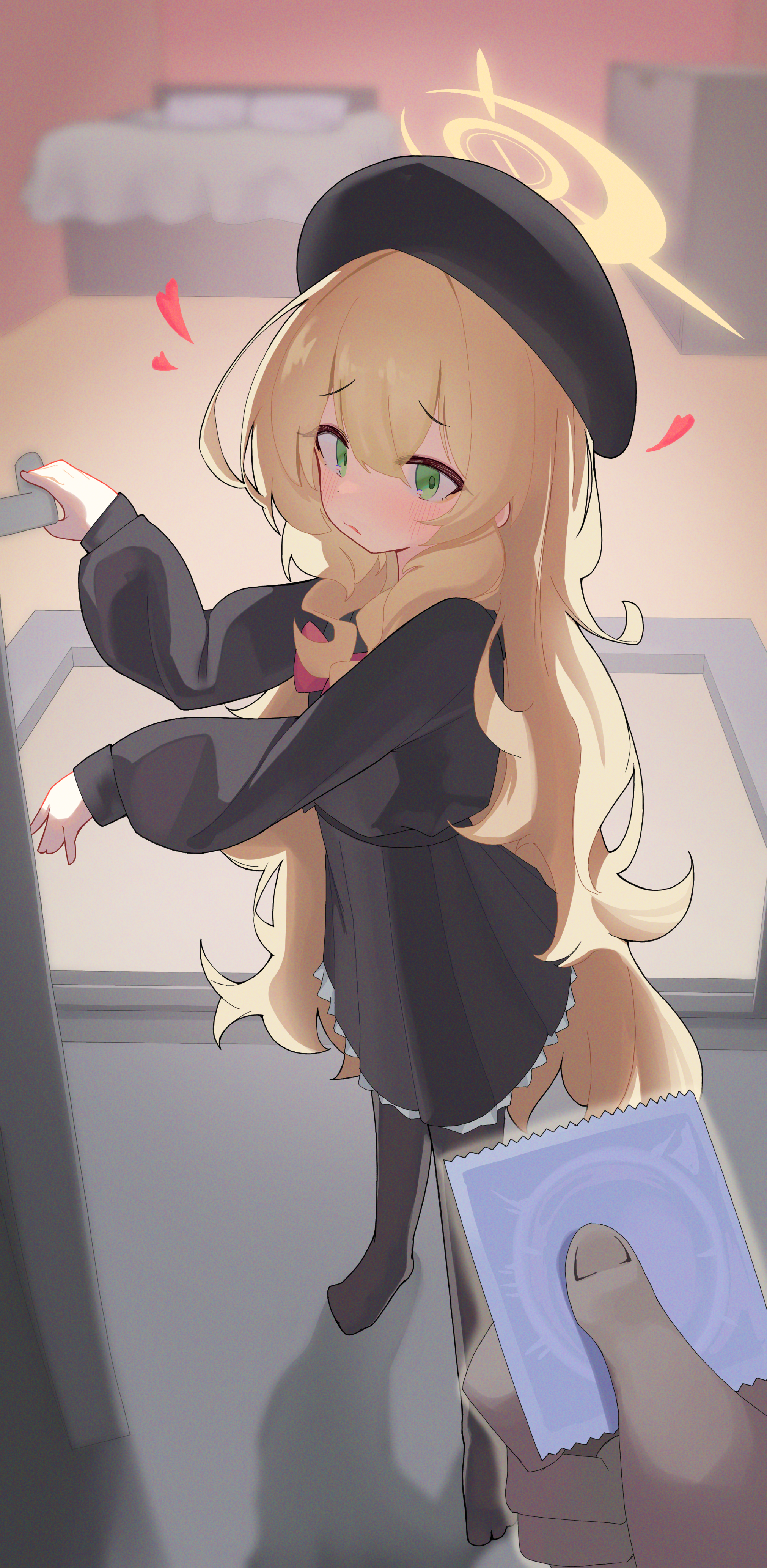 dorusan 02, professor niyaniya (blue archive), blue archive, fluffy hair, absurdres, commentary, highres, 1girl, bed, beret, black pantyhose, black serafuku, blonde hair, blush, closed mouth, condom, condom wrapper, door handle, doorway, full body, furrowed brow, green eyes, halo, hand on handle, hat, heart, holding, holding condom, long hair, long sleeves, looking at viewer, looking to the side, loving aura, night, no shoes, pantyhose, pleated skirt, pov doorway, red ribbon, ribbon, school uniform, serafuku, shadow, skirt, sleeves past wrists, spoken heart, standing, tareme, very long hair, yellow halo