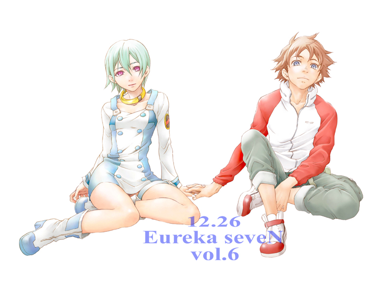 matty (zuwzi), eureka (eureka seven), renton thurston, eureka seven, eureka seven (series), white footwear, scan, 00s, 1boy, 1girl, boots, green hair, hetero, holding hands, jewelry, necklace, purple eyes, raglan sleeves, short hair, sitting
